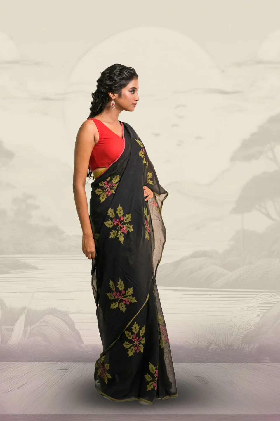 Joys of Holly Black Handloom Mul Cotton Saree with Handblock-Printed Holly Leaf Motifs - Image 2
