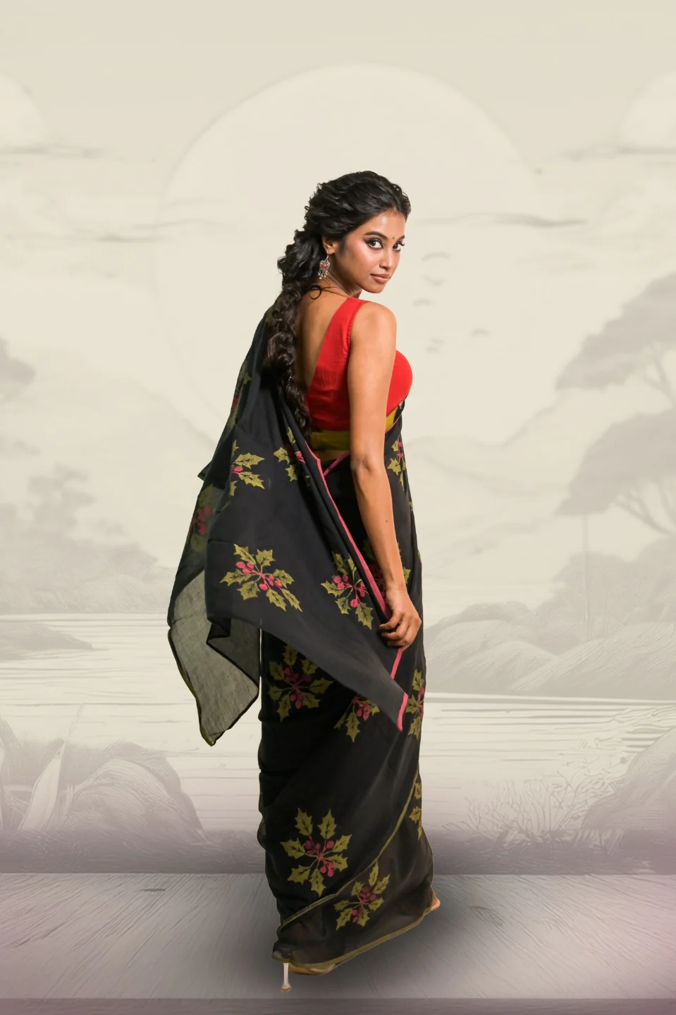 Joys of Holly Black Handloom Mul Cotton Saree with Handblock-Printed Holly Leaf Motifs - Image 3
