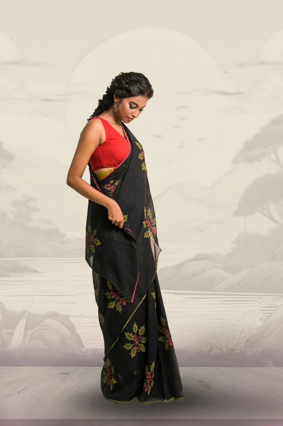 Joys of Holly Black Handloom Mul Cotton Saree with Handblock-Printed Holly Leaf Motifs - Image 4