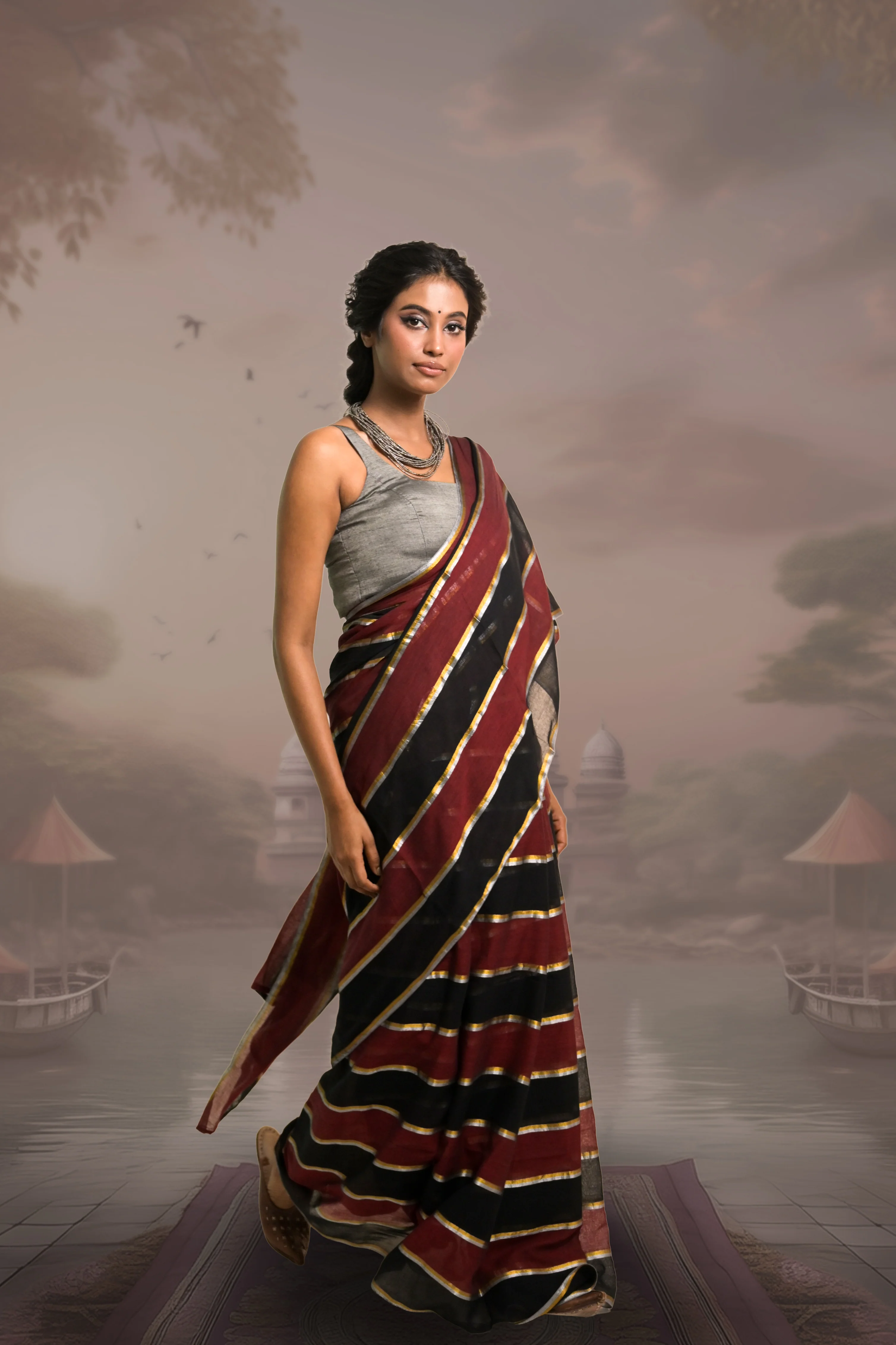 Kaashni Maroon and Black Handloom Mul Cotton Saree with Zari Stripes - Image 2