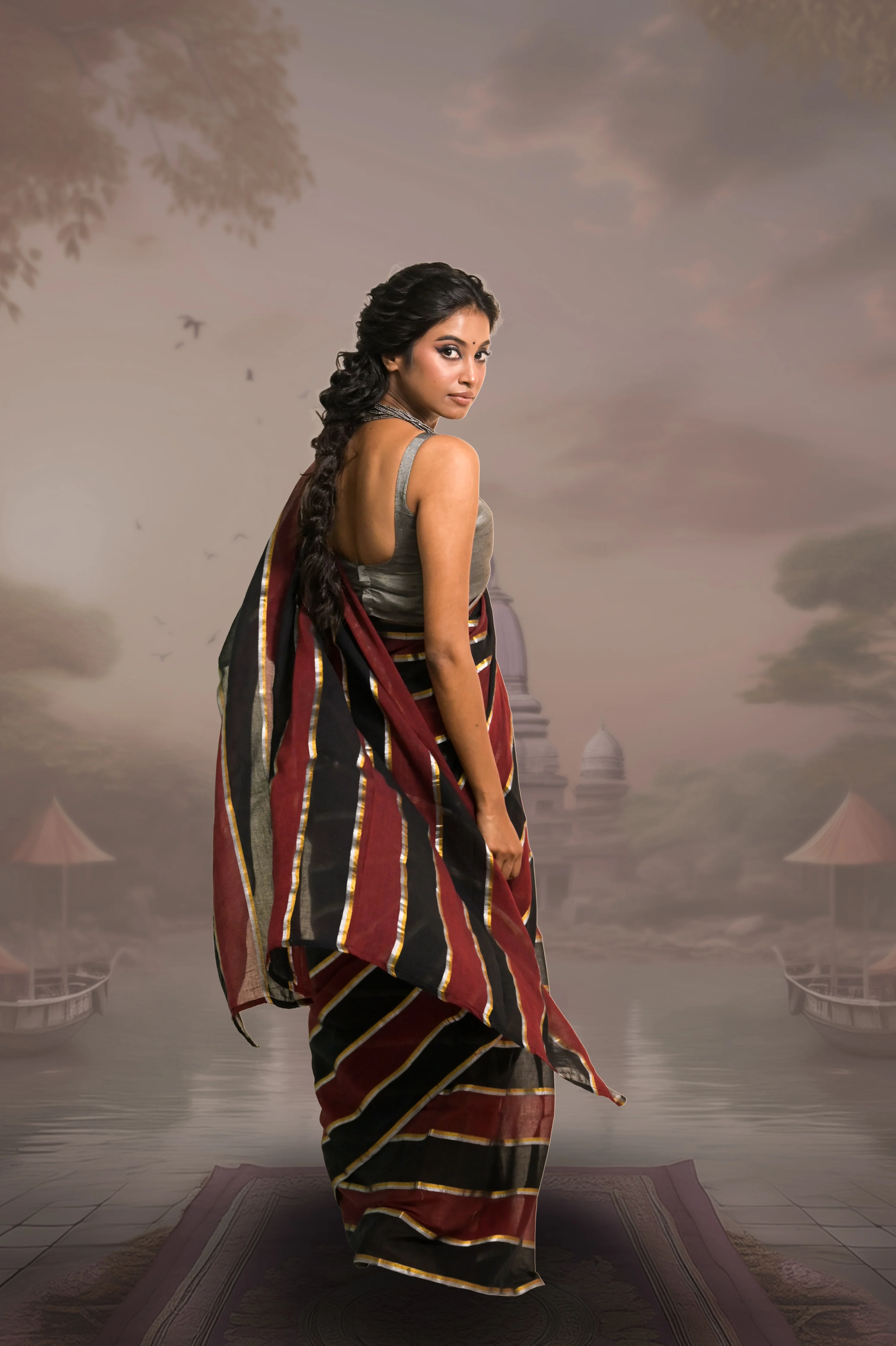 Kaashni Maroon and Black Handloom Mul Cotton Saree with Zari Stripes - Image 3