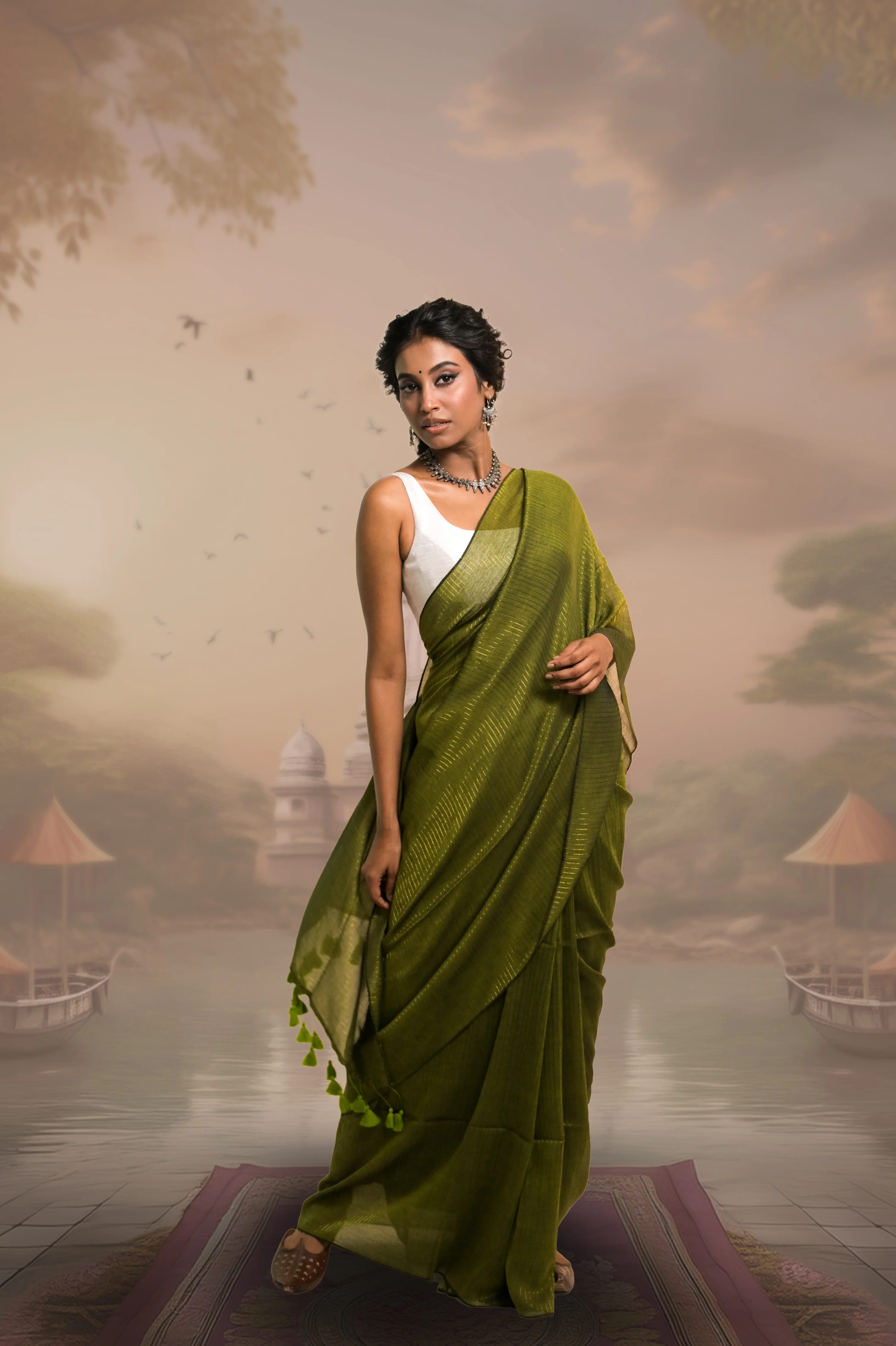 Kanak Olive Green Handloom Mul Cotton Saree with Zari Stripes - Image 2