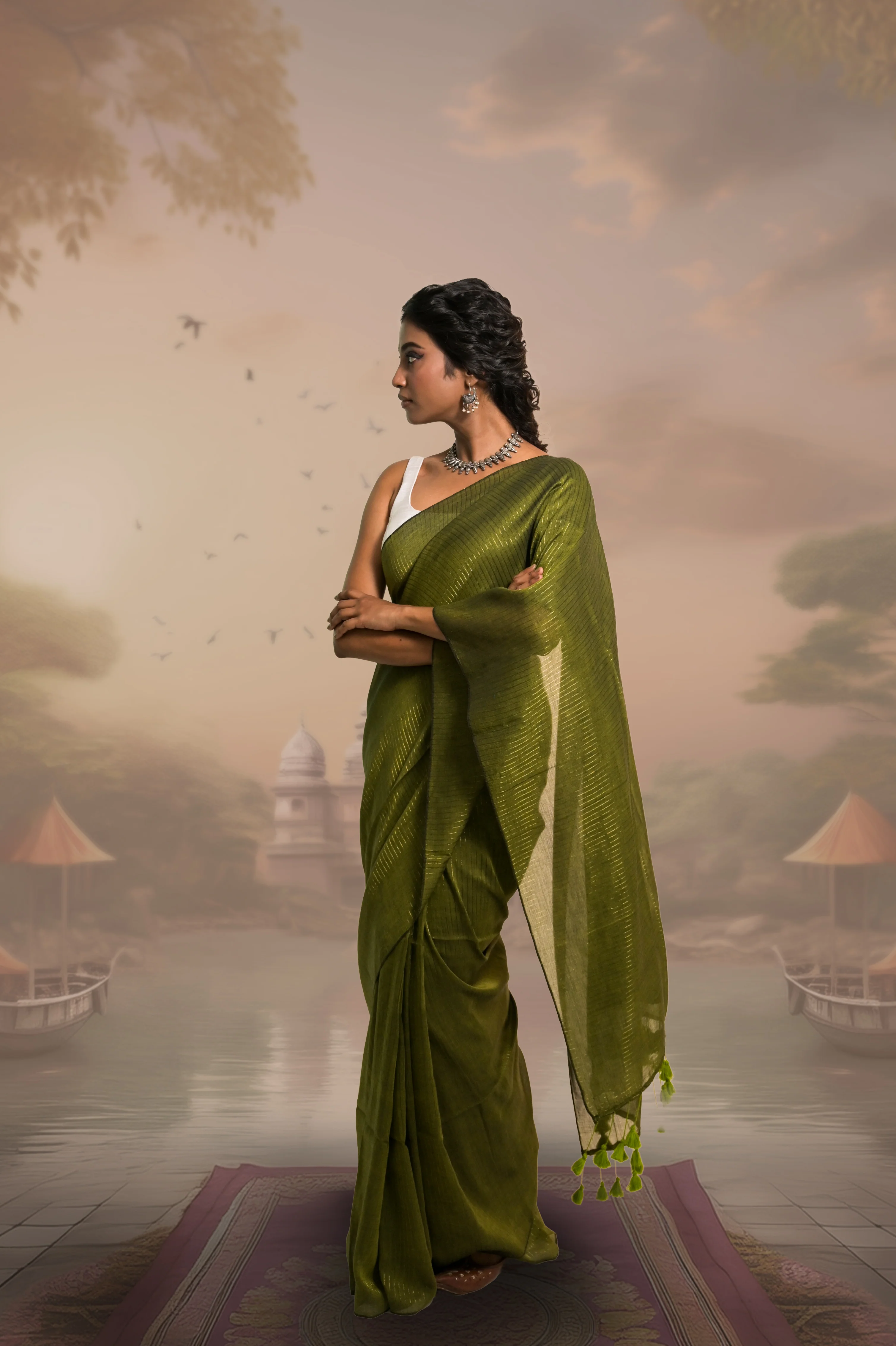 Kanak Olive Green Handloom Mul Cotton Saree with Zari Stripes - Image 3
