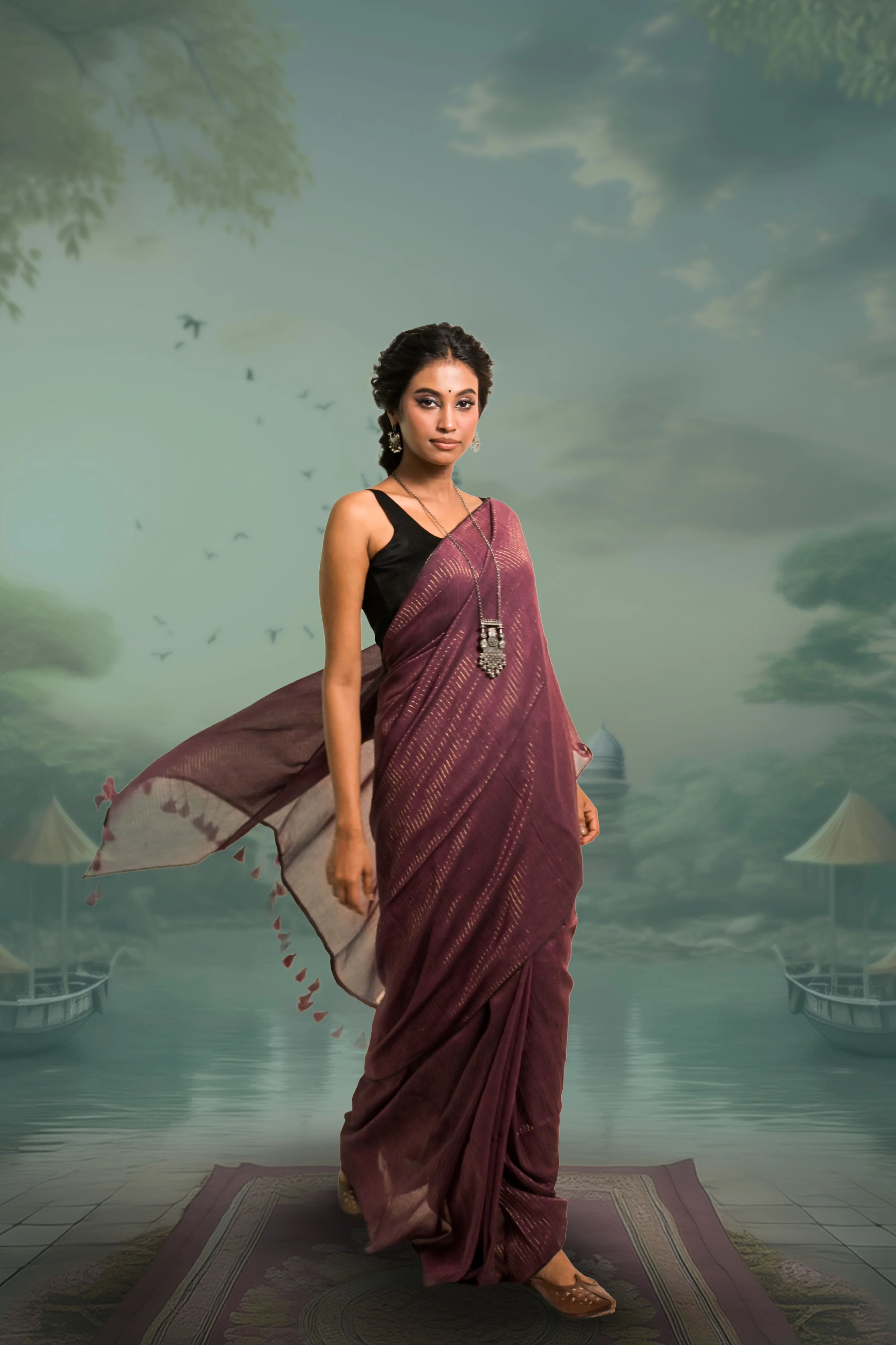 Kanchan Burgundy Handloom Mul Cotton Saree with Zari Stripes - Image 2