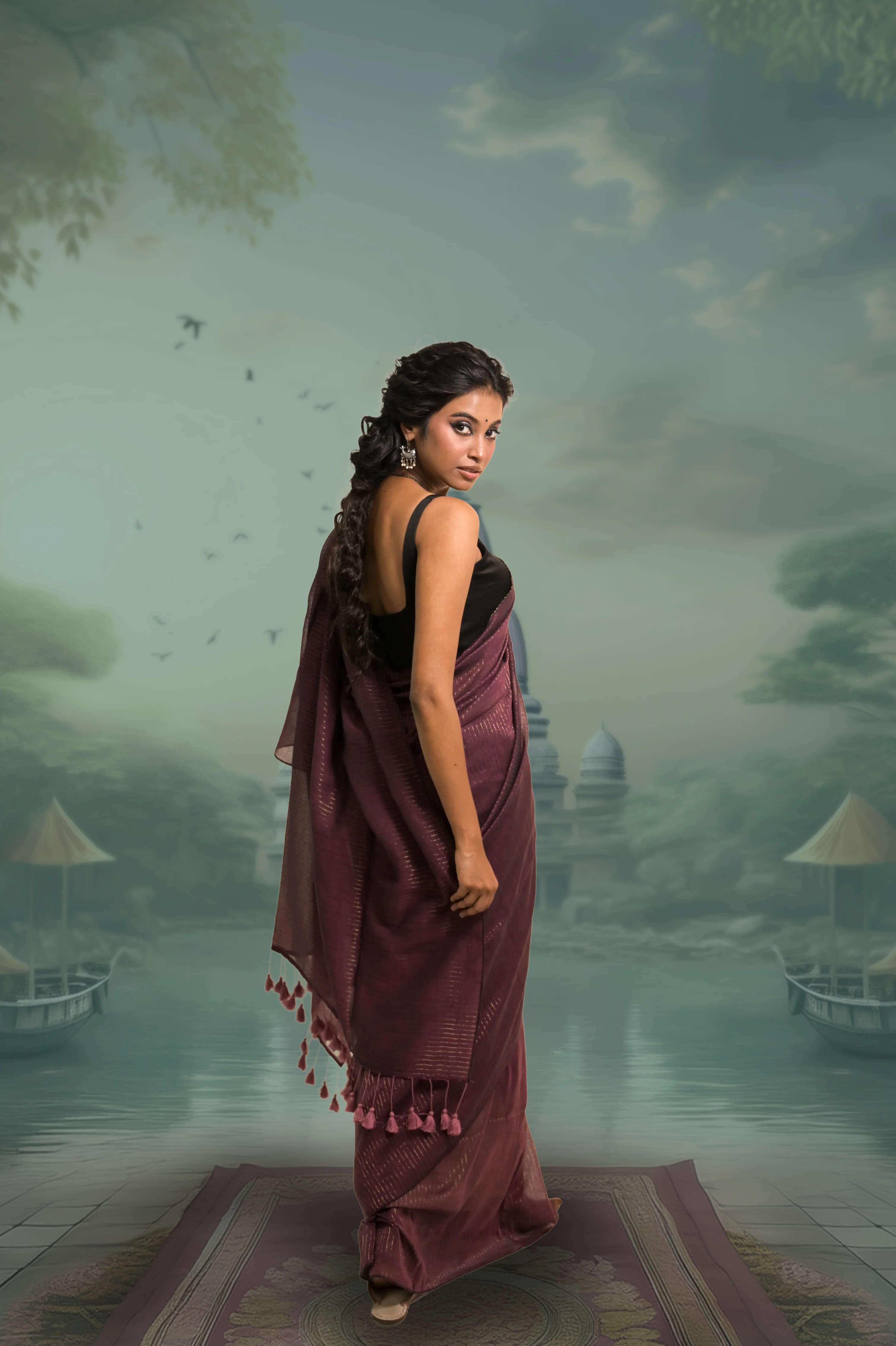 Kanchan Burgundy Handloom Mul Cotton Saree with Zari Stripes - Image 3