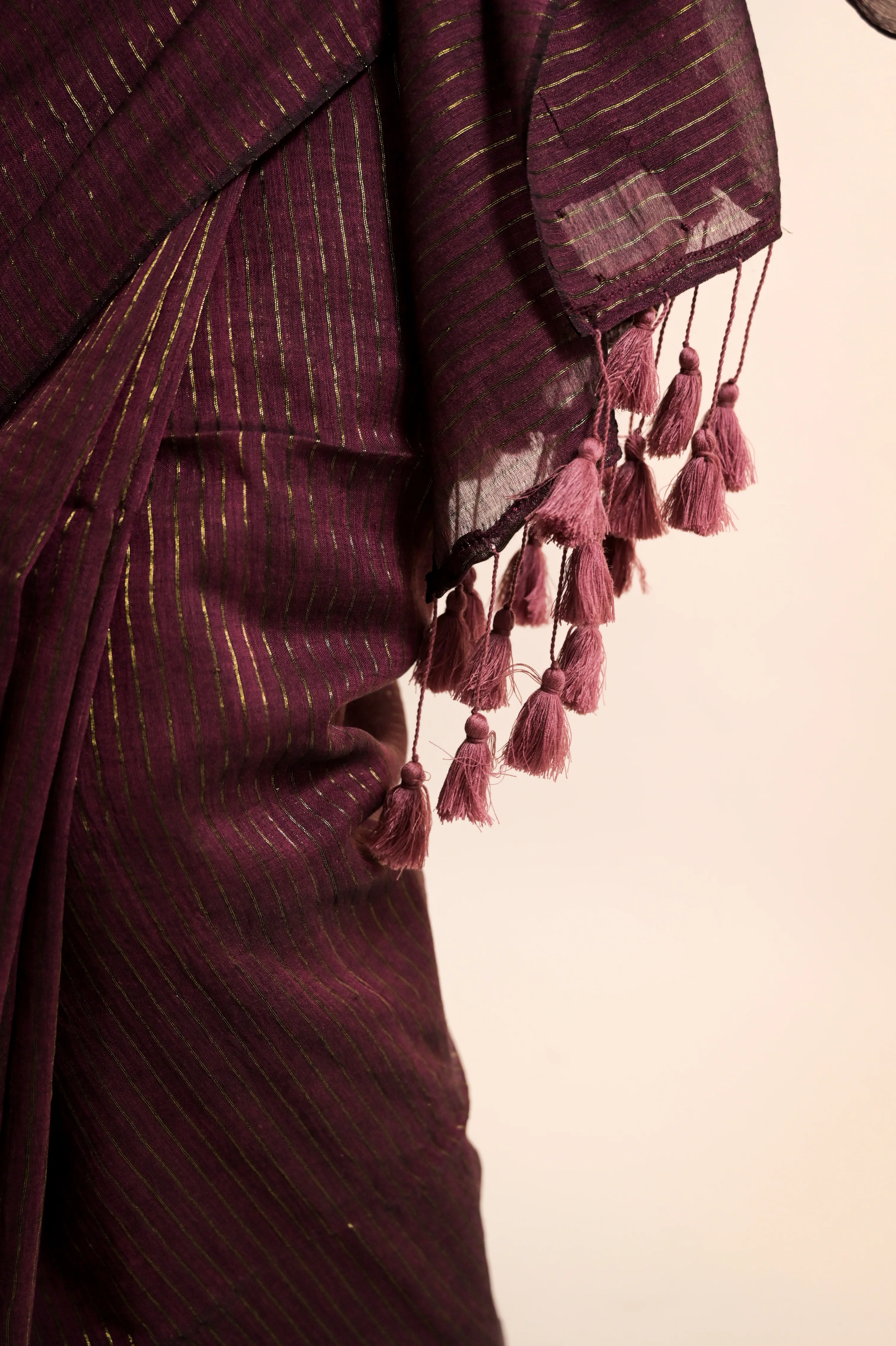 Kanchan Burgundy Handloom Mul Cotton Saree with Zari Stripes - Image 4