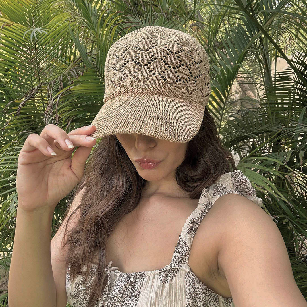 Beige Knitted Crochet Baseball Cap - Image 2