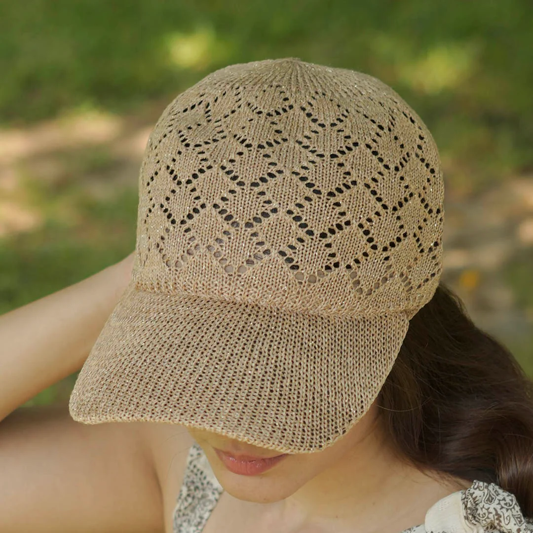 Beige Knitted Crochet Baseball Cap - Image 5