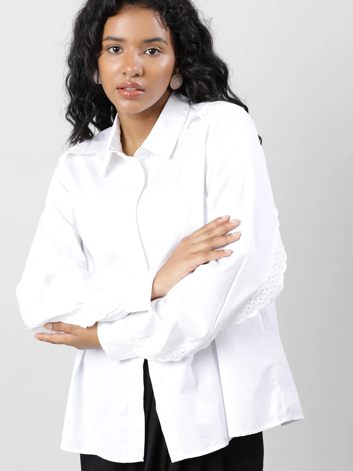 Laced Up Sleeves White Relaxed Fit Shirt - Image 6