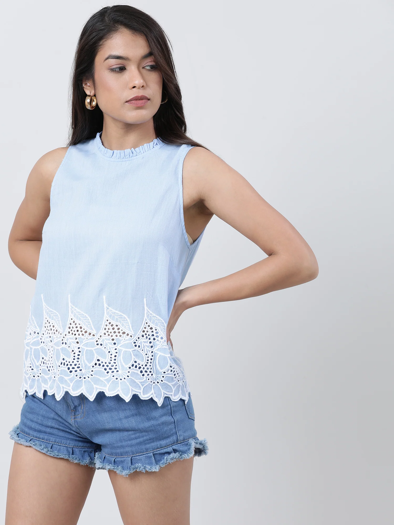 Light Blue Sleeveless Schiffli Top with Lace Insert - Image 3