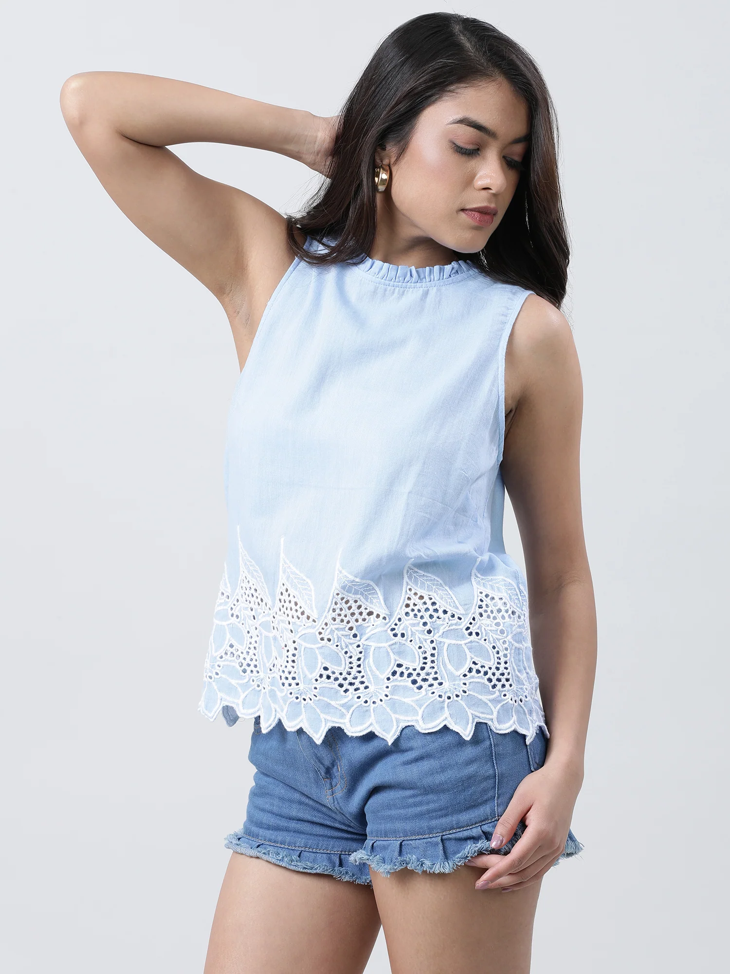 Light Blue Sleeveless Schiffli Top with Lace Insert - Image 4