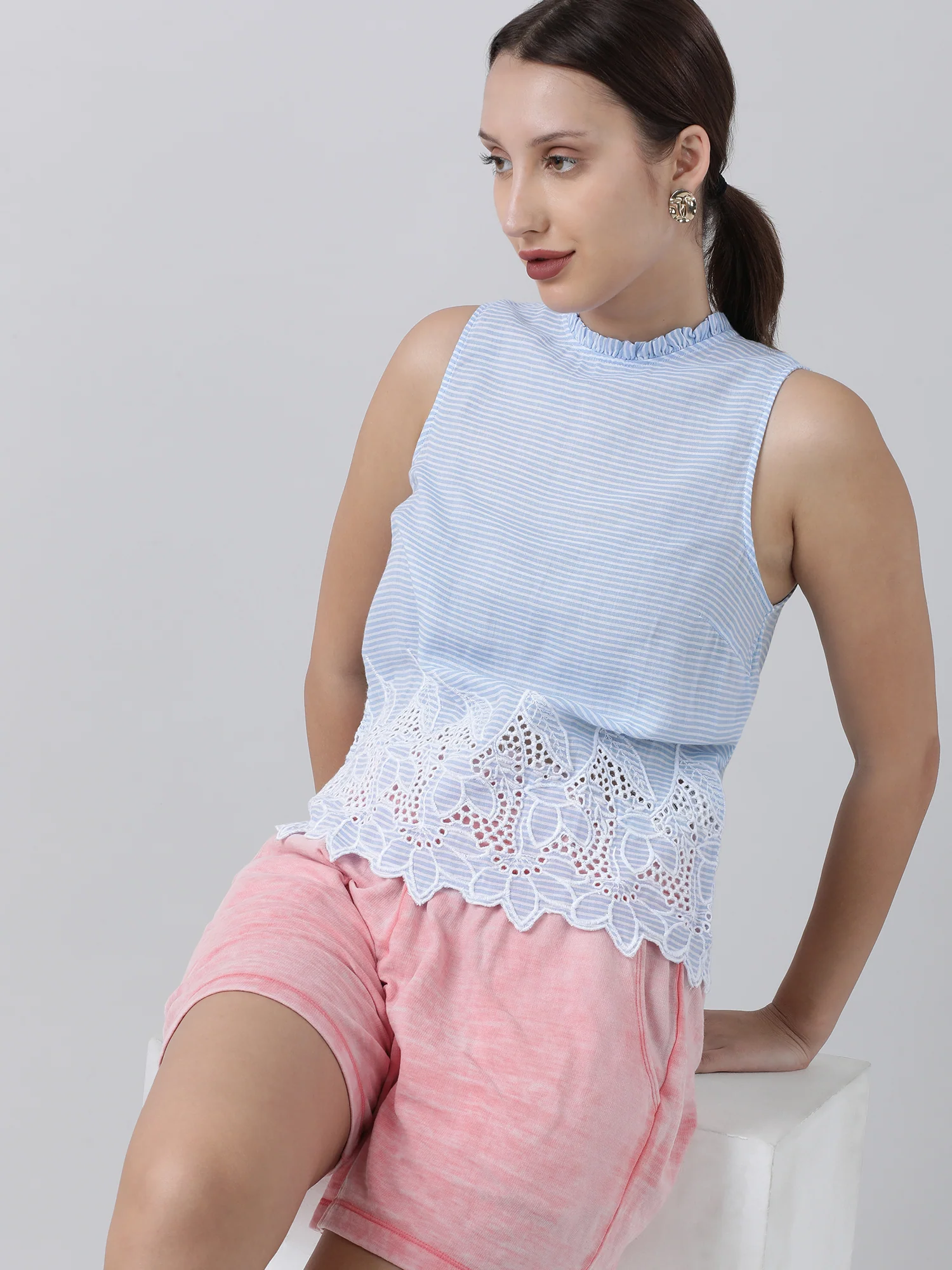 Women Light Blue Striped Sleeveless Top - Image 2