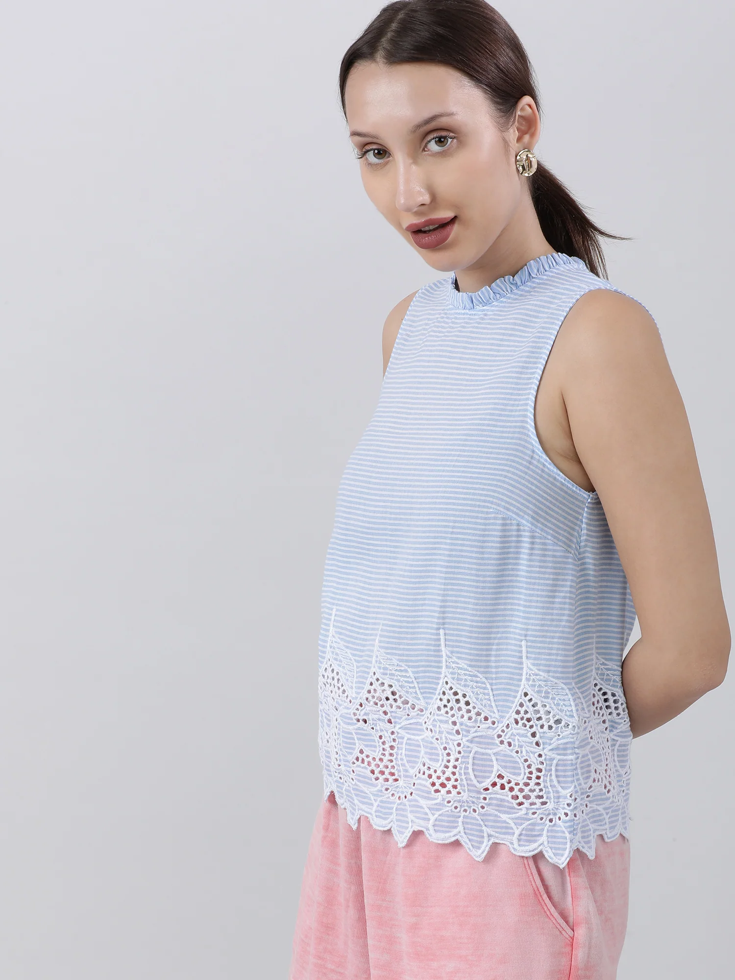 Women Light Blue Striped Sleeveless Top - Image 4