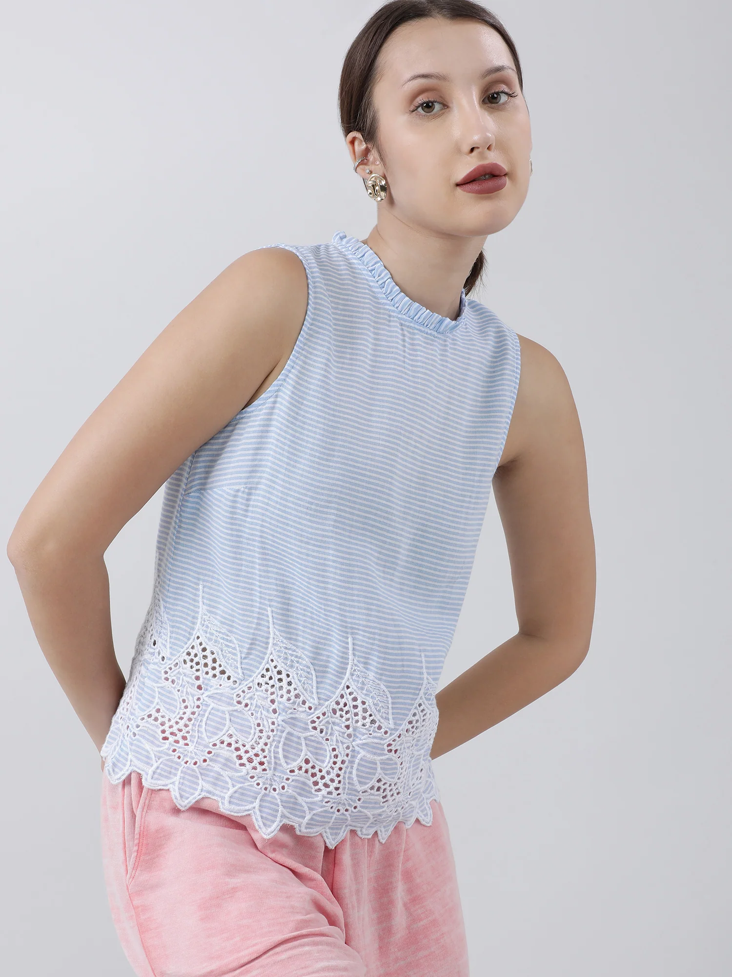 Women Light Blue Striped Sleeveless Top - Image 5