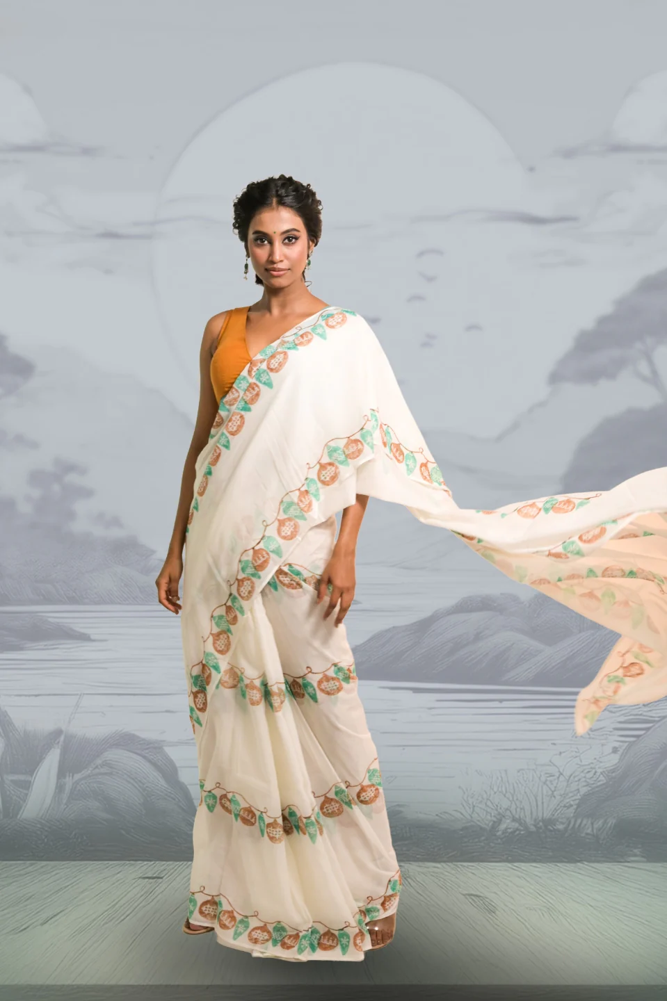 Light Up the Loom White Mul Cotton Saree with Handblock-Printed Strings of Lights - Image 2