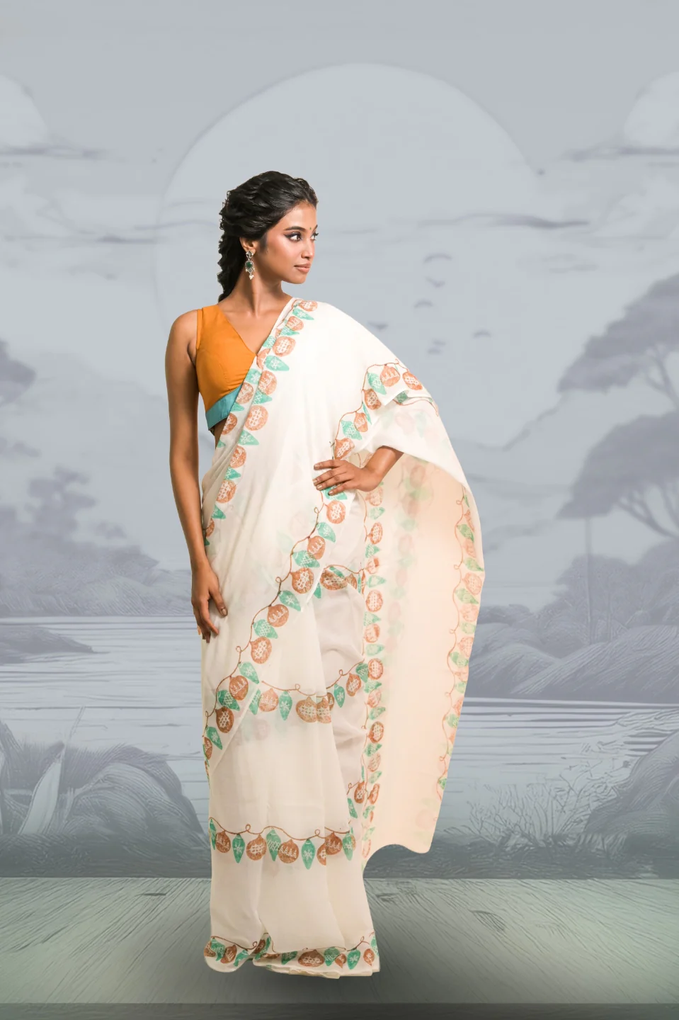 Light Up the Loom White Mul Cotton Saree with Handblock-Printed Strings of Lights - Image 3
