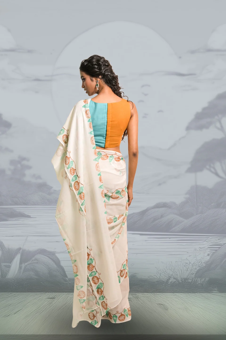 Light Up the Loom White Mul Cotton Saree with Handblock-Printed Strings of Lights - Image 4