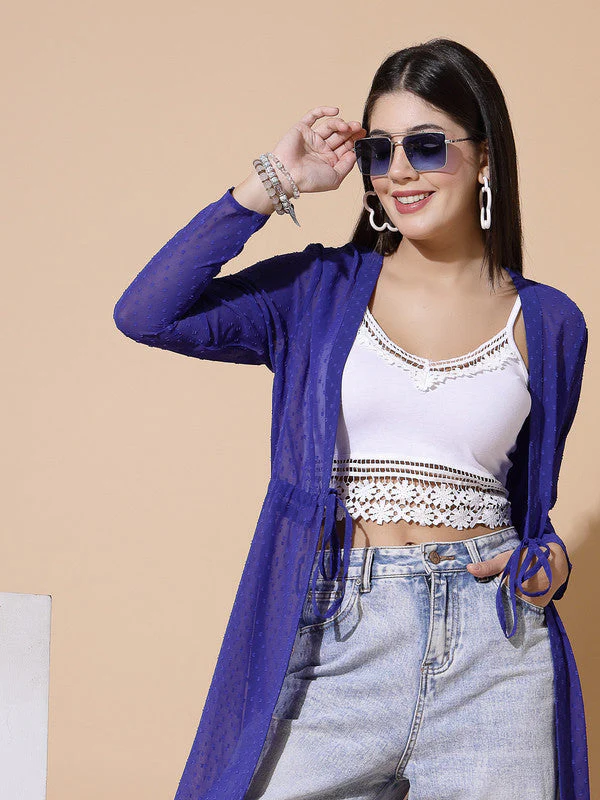 Women Odor-Free Blue Longline Tie-Up Shrug - Image 4