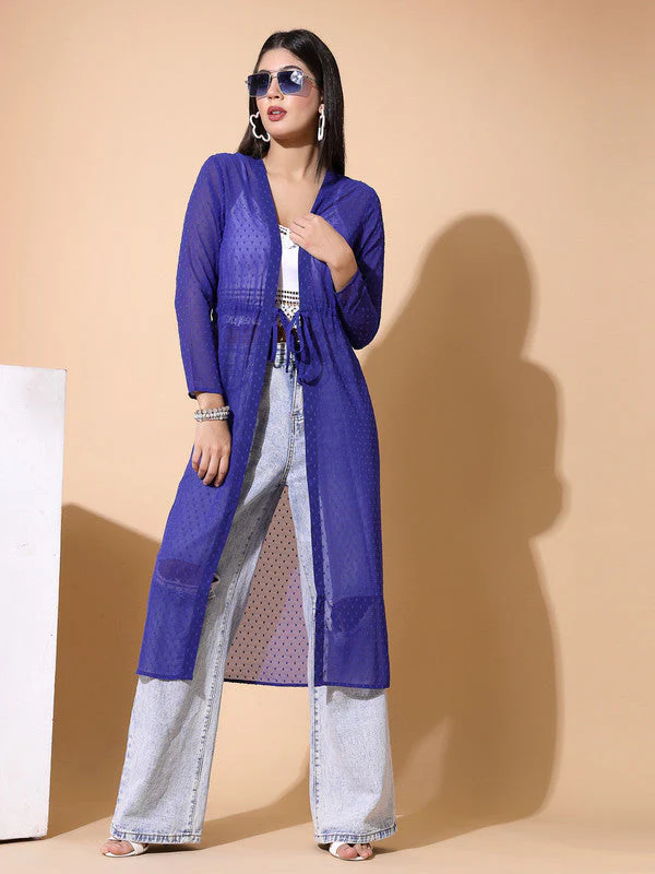 Women Odor-Free Blue Longline Tie-Up Shrug - Image 5