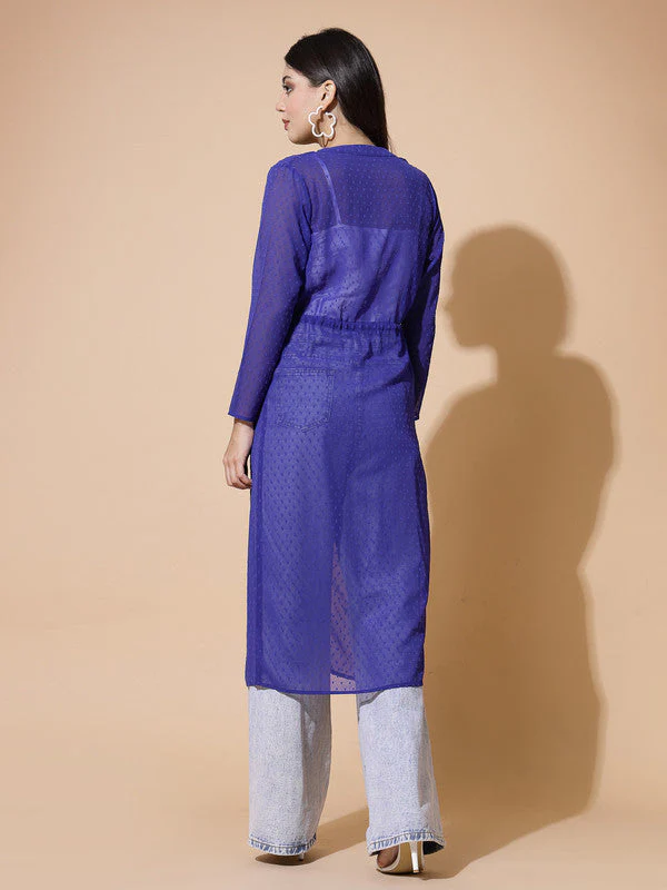 Women Odor-Free Blue Longline Tie-Up Shrug - Image 6