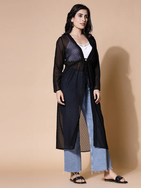 Women Odor-Free Black Longline Tie-Up Shrug - Image 3