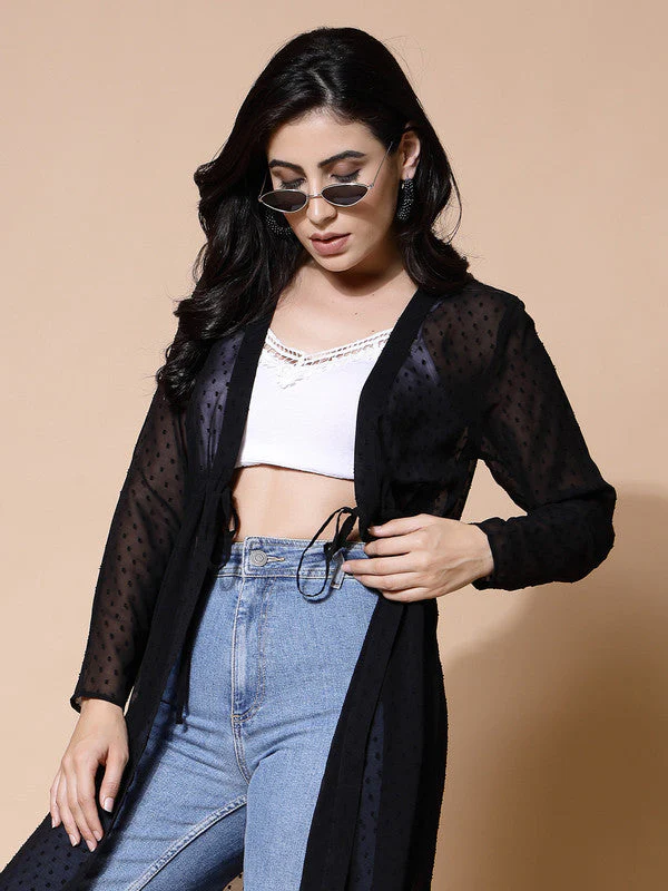 Women Odor-Free Black Longline Tie-Up Shrug - Image 5