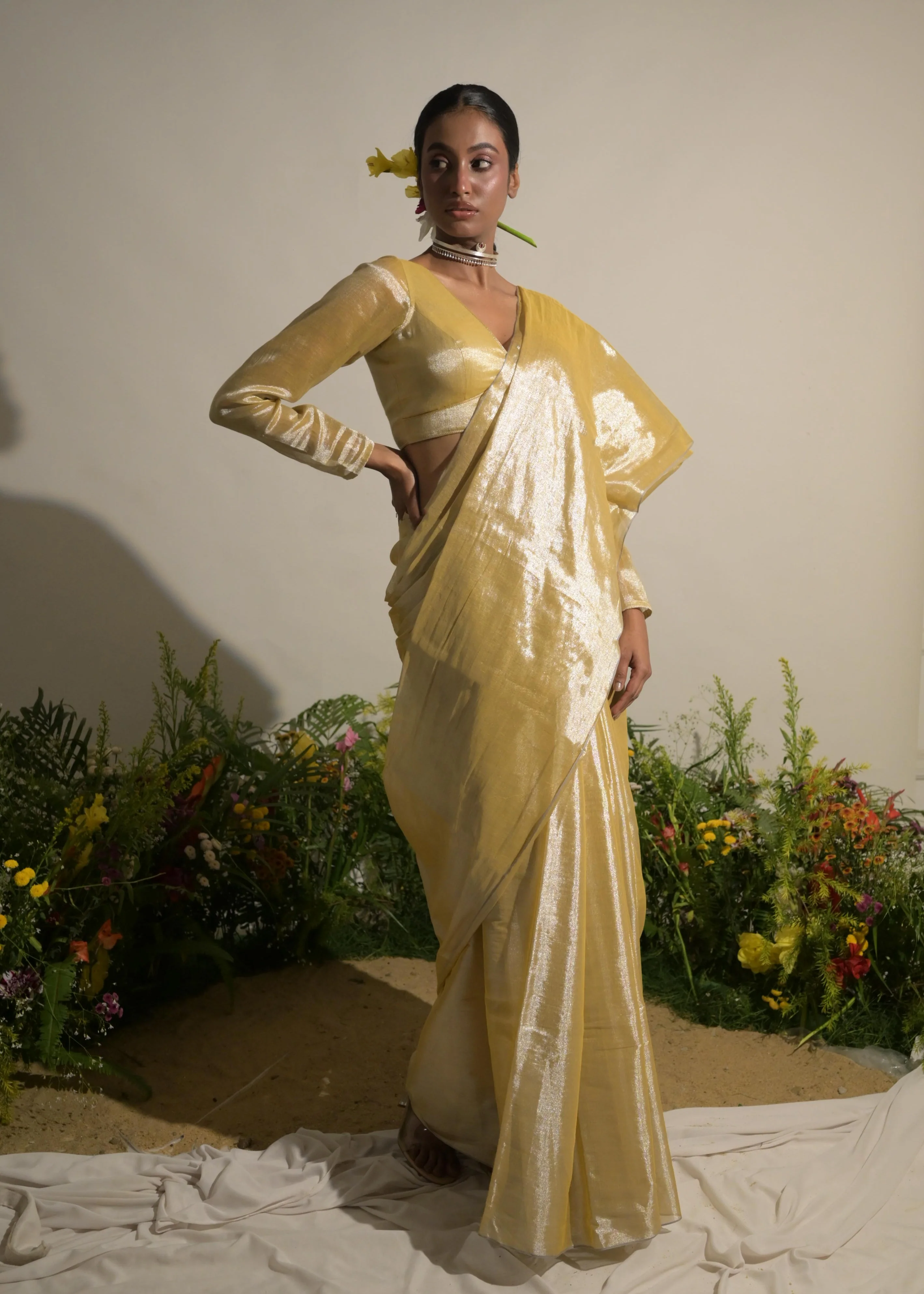 Mari-gold Rush Neon Yellow Tissue Saree - Image 2