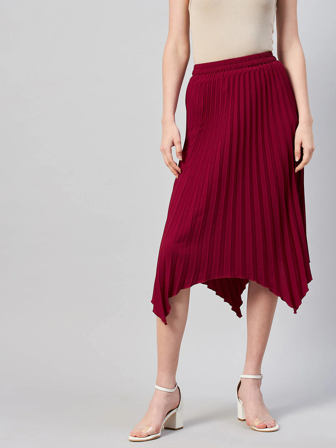 Women Maroon Solid Pleated A-Line Midi Skirt