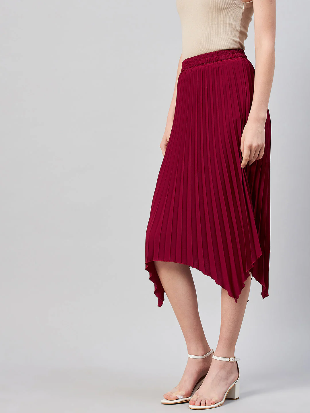 Women Maroon Solid Pleated A-Line Midi Skirt - Image 2
