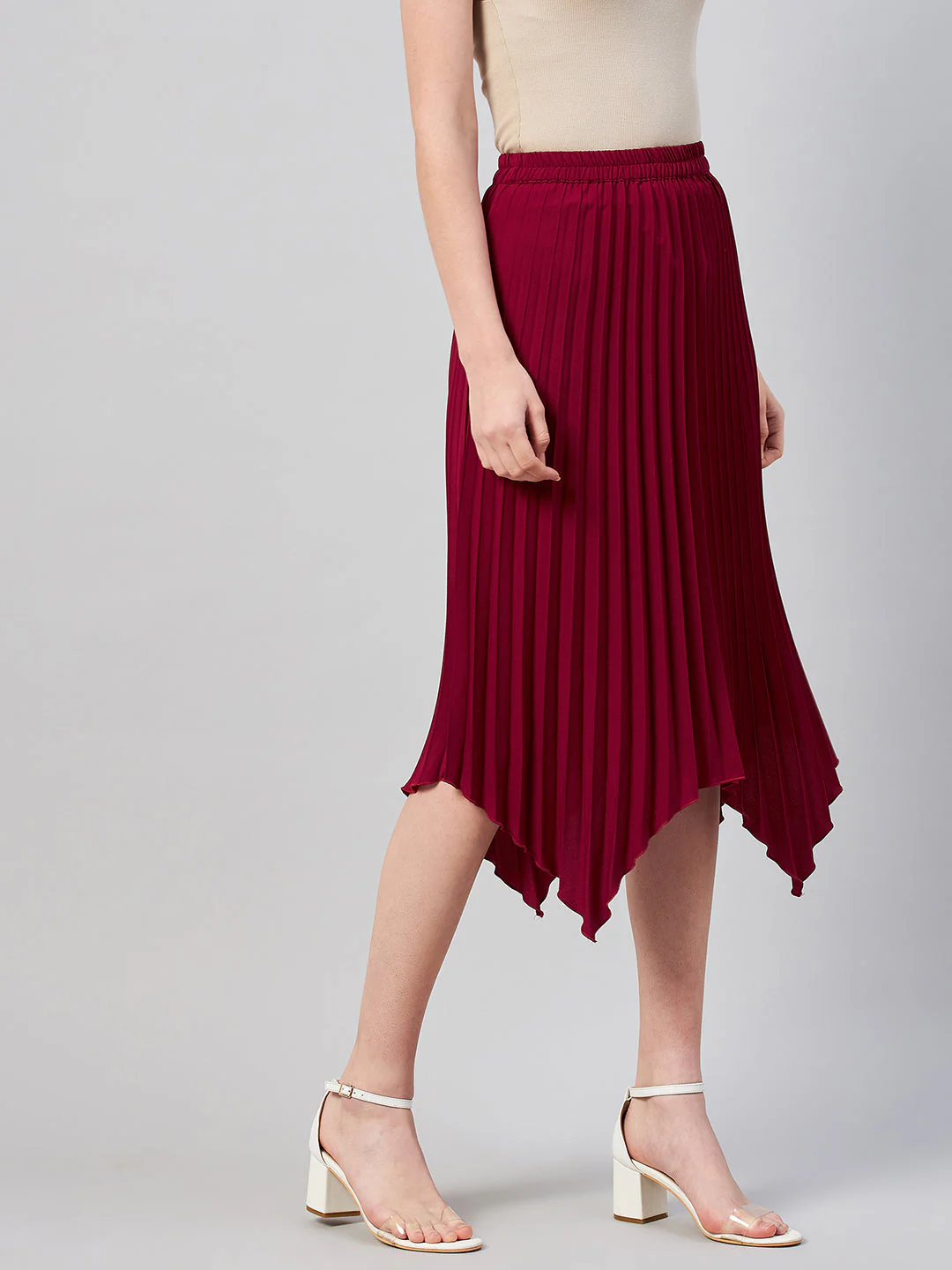 Women Maroon Solid Pleated A-Line Midi Skirt - Image 3
