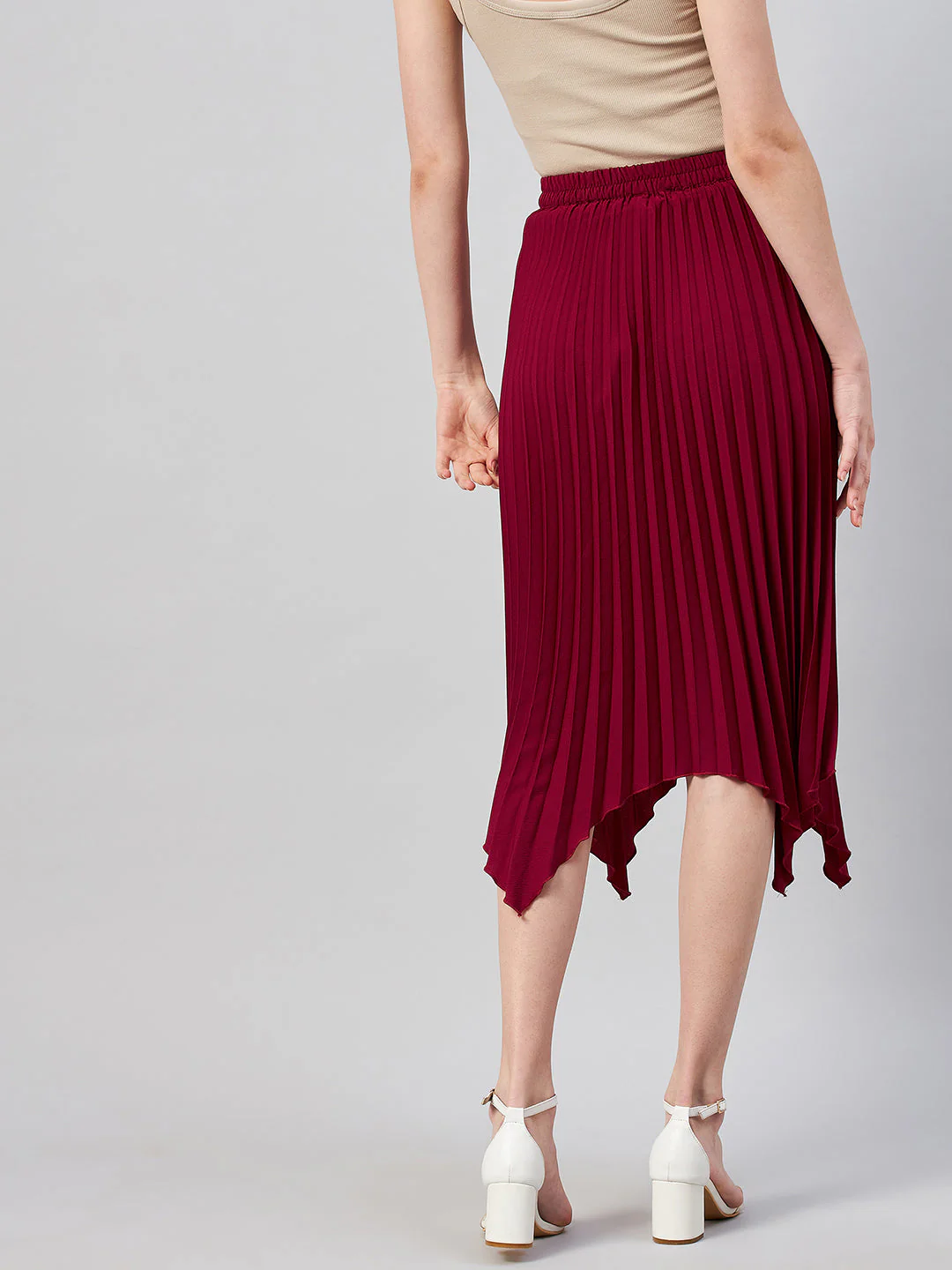 Women Maroon Solid Pleated A-Line Midi Skirt - Image 4