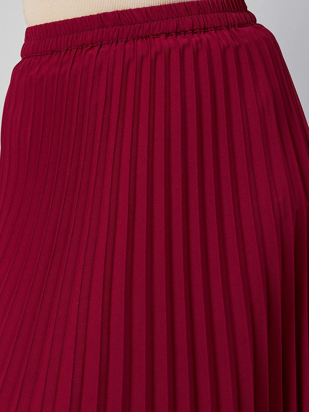 Women Maroon Solid Pleated A-Line Midi Skirt - Image 5