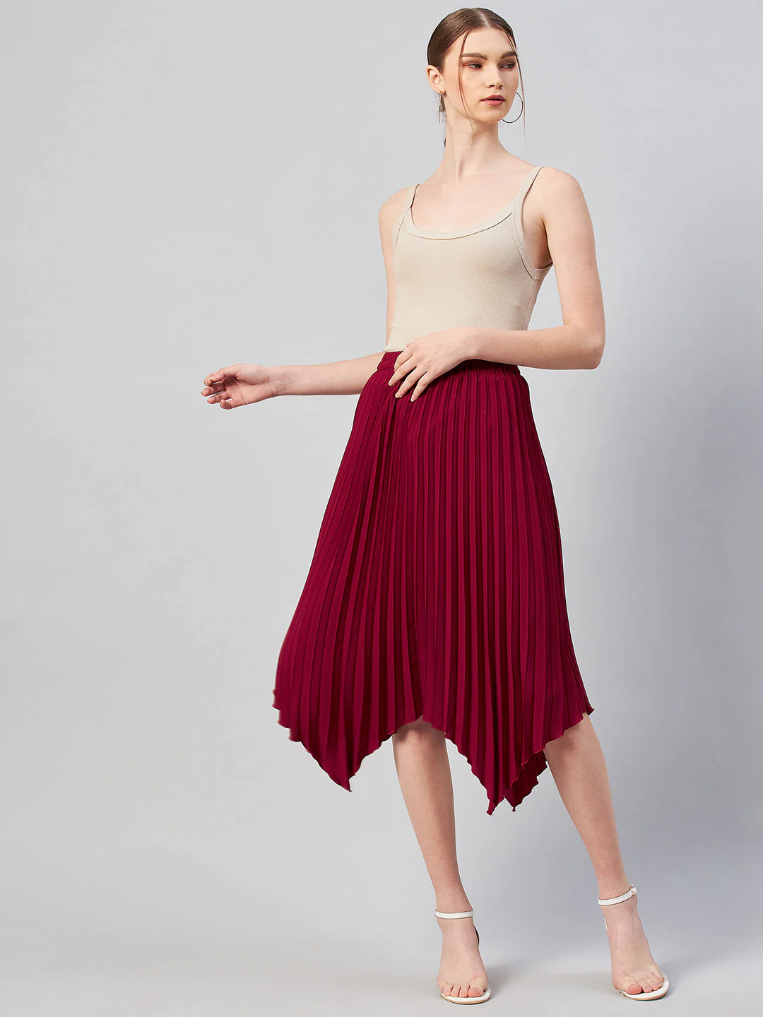 Women Maroon Solid Pleated A-Line Midi Skirt - Image 6