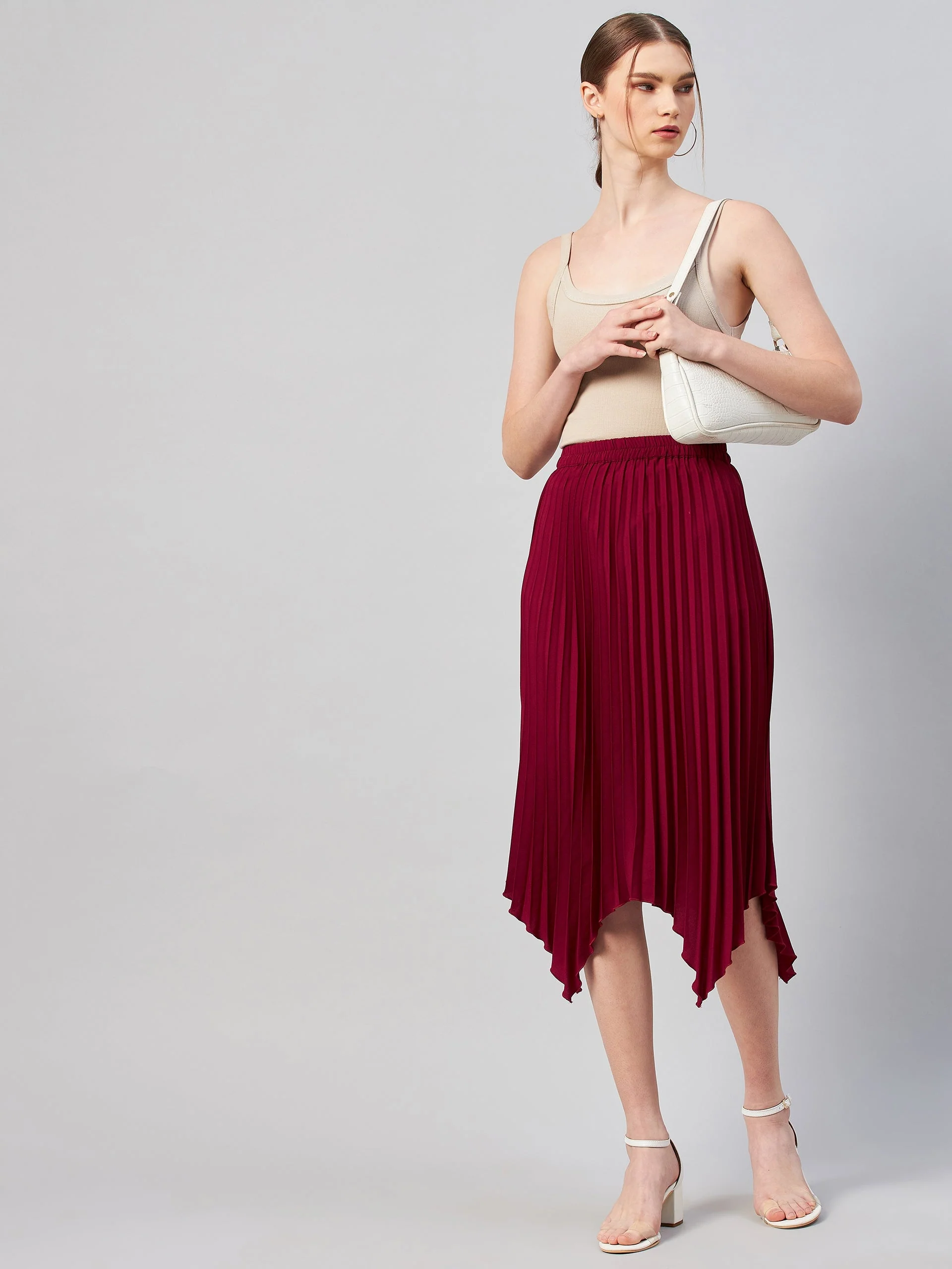 Women Maroon Solid Pleated A-Line Midi Skirt - Image 7
