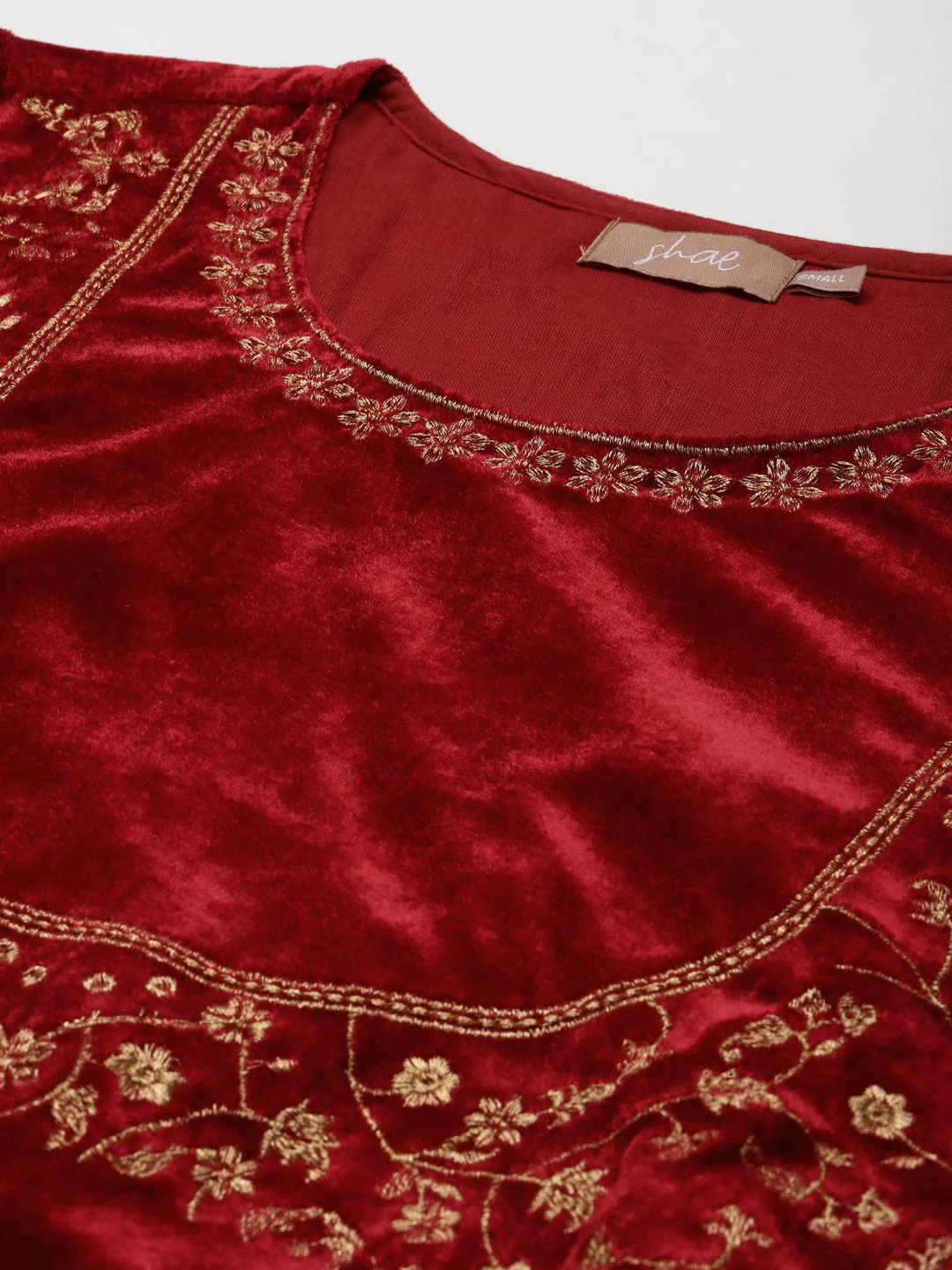 Maroon Velvet Bodice Zari Embroidered Kurta - Image 2