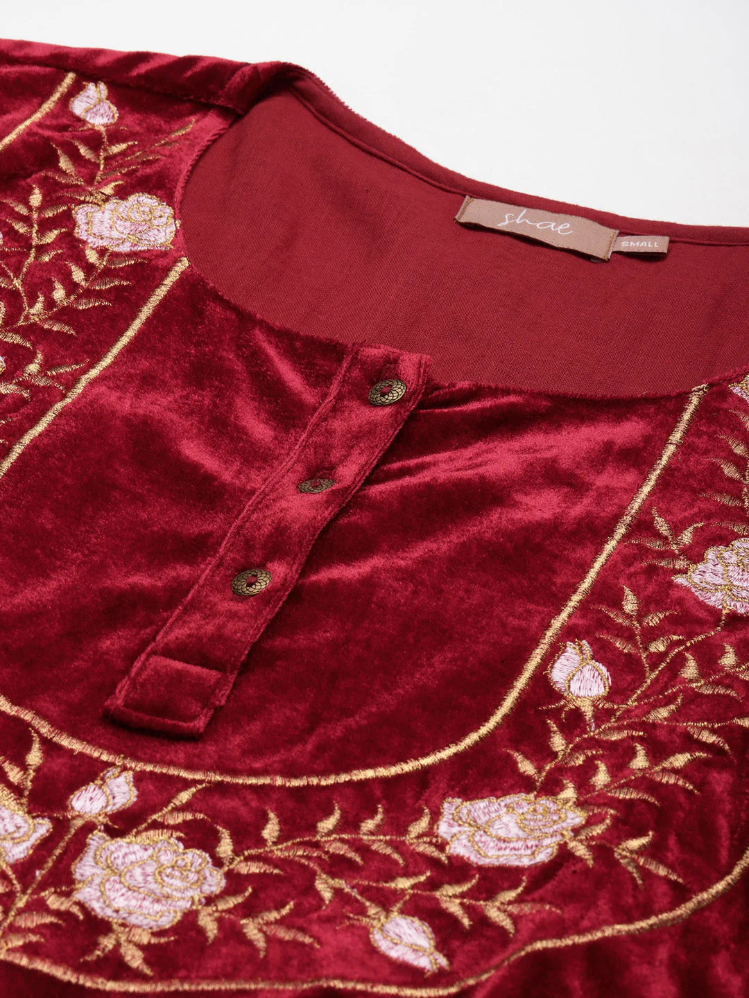 Maroon Velvet Floral Embroidery Straight Kurta - Image 2