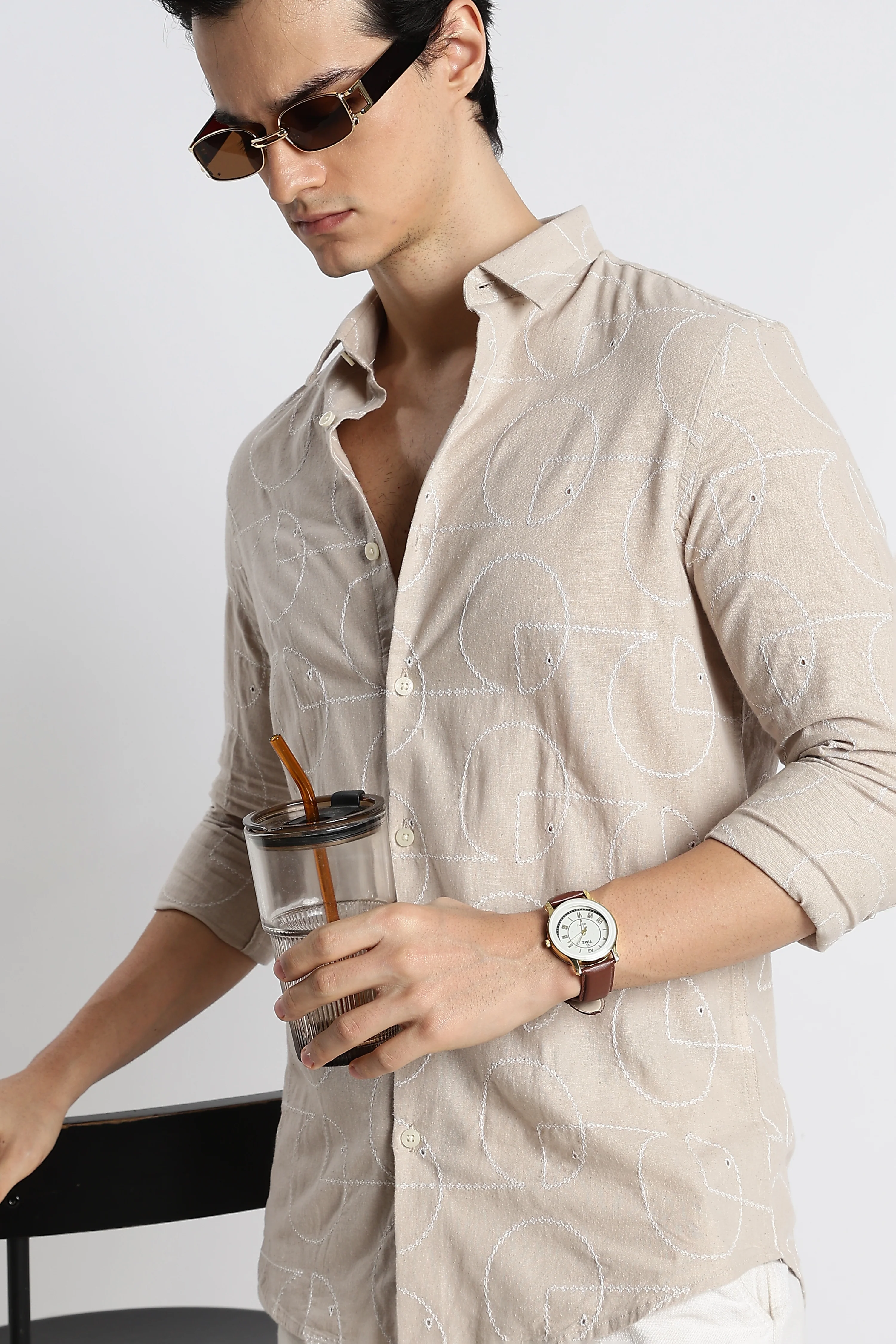 Men Abstract Geometry Cotton Shirt - Image 2