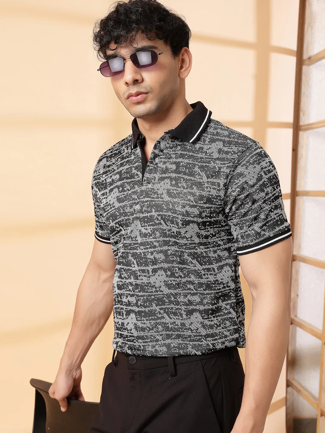 Men Abstract Jacquard Polo Highlow T-Shirt - Image 4