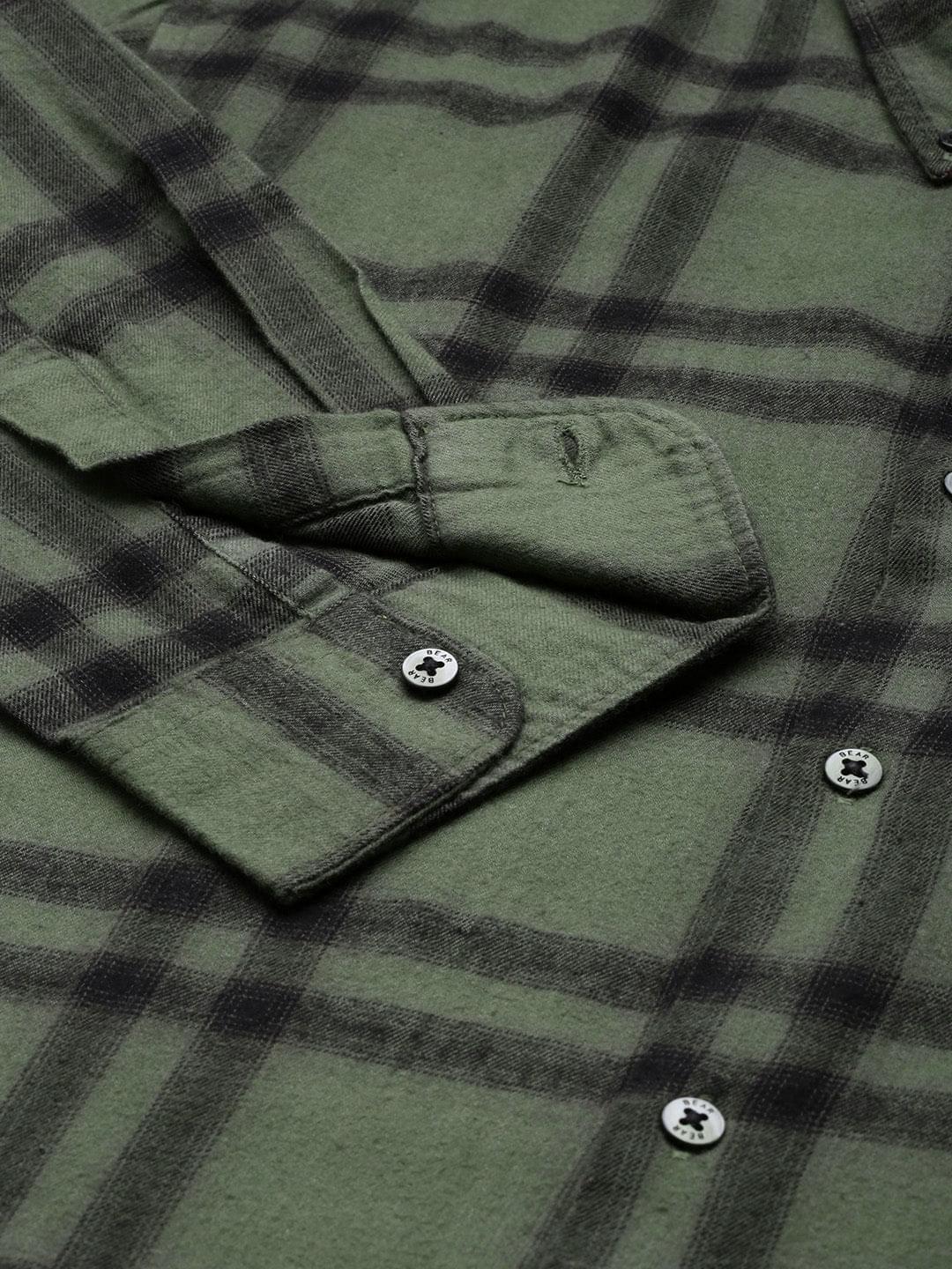Men Aketo Green checked Slim Fit Flannel Cotton Casual Shirt - Image 3