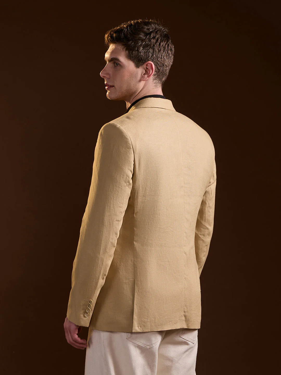 Men Alca Beige Solid Tailored Fit Single-Breasted Formal Blazer - Image 2