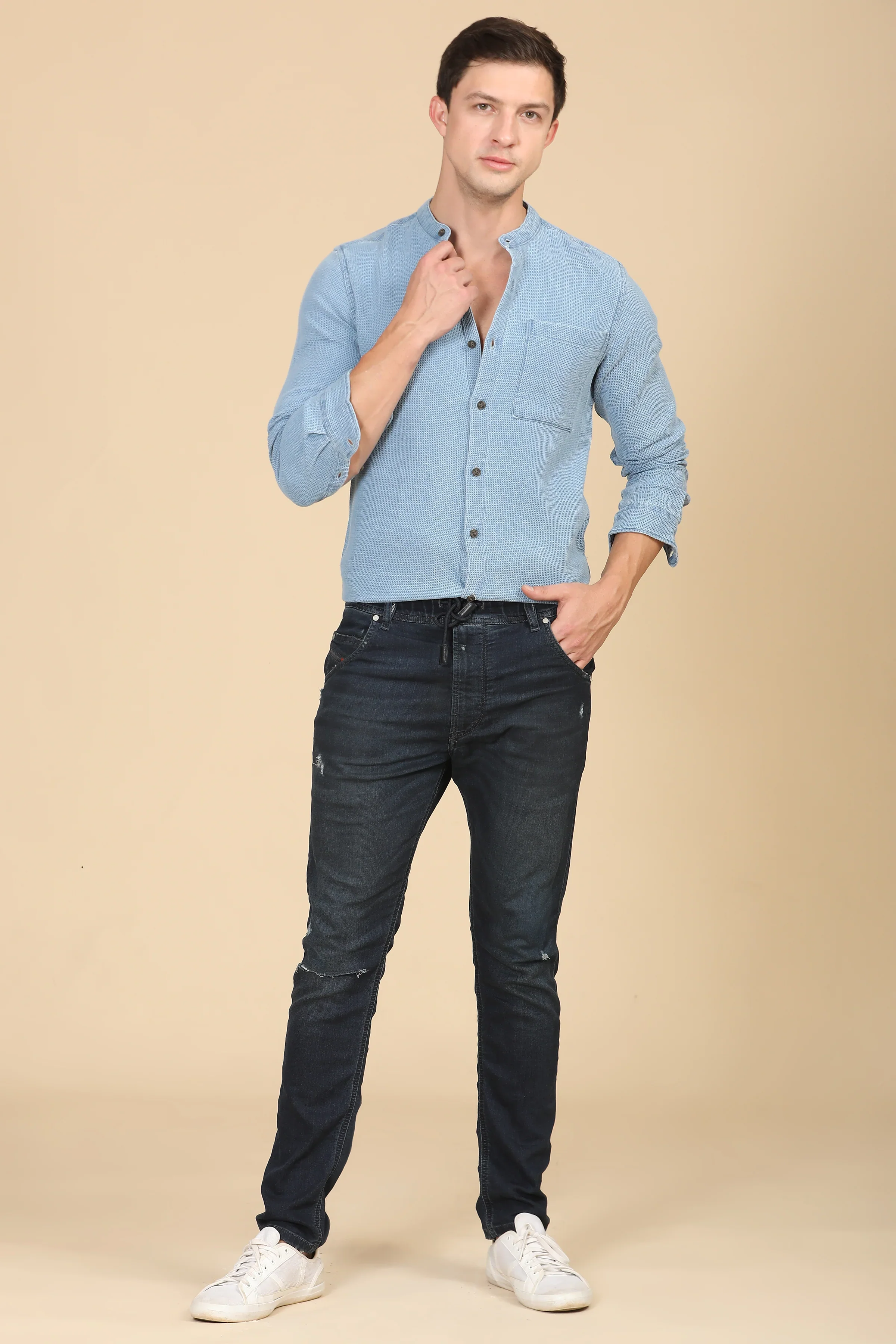 Men Alivia Overdyed Dobby Solid Shirt Navy - Image 3