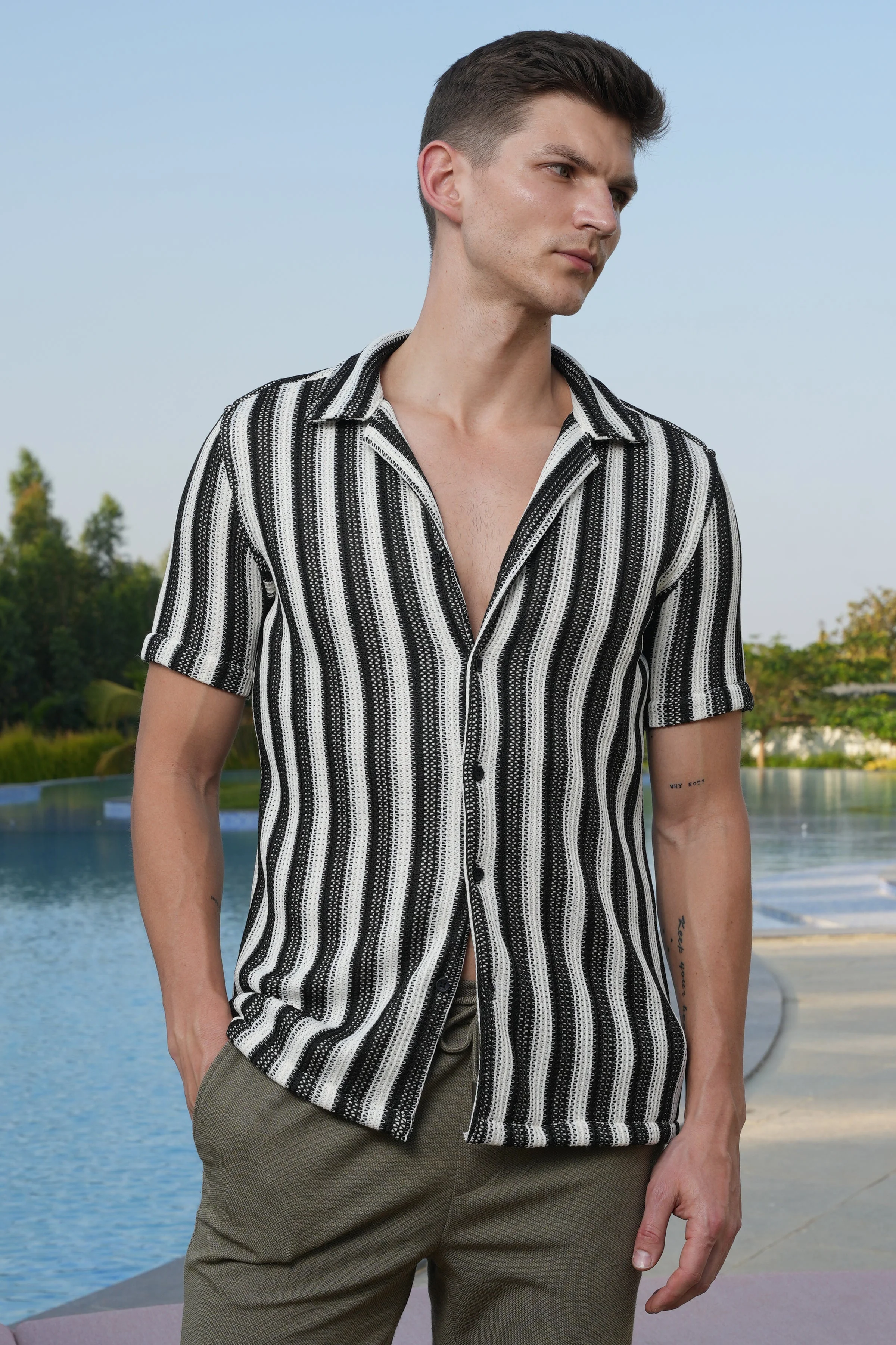 Men Allura Striped Crochet Shirt Black - Image 2