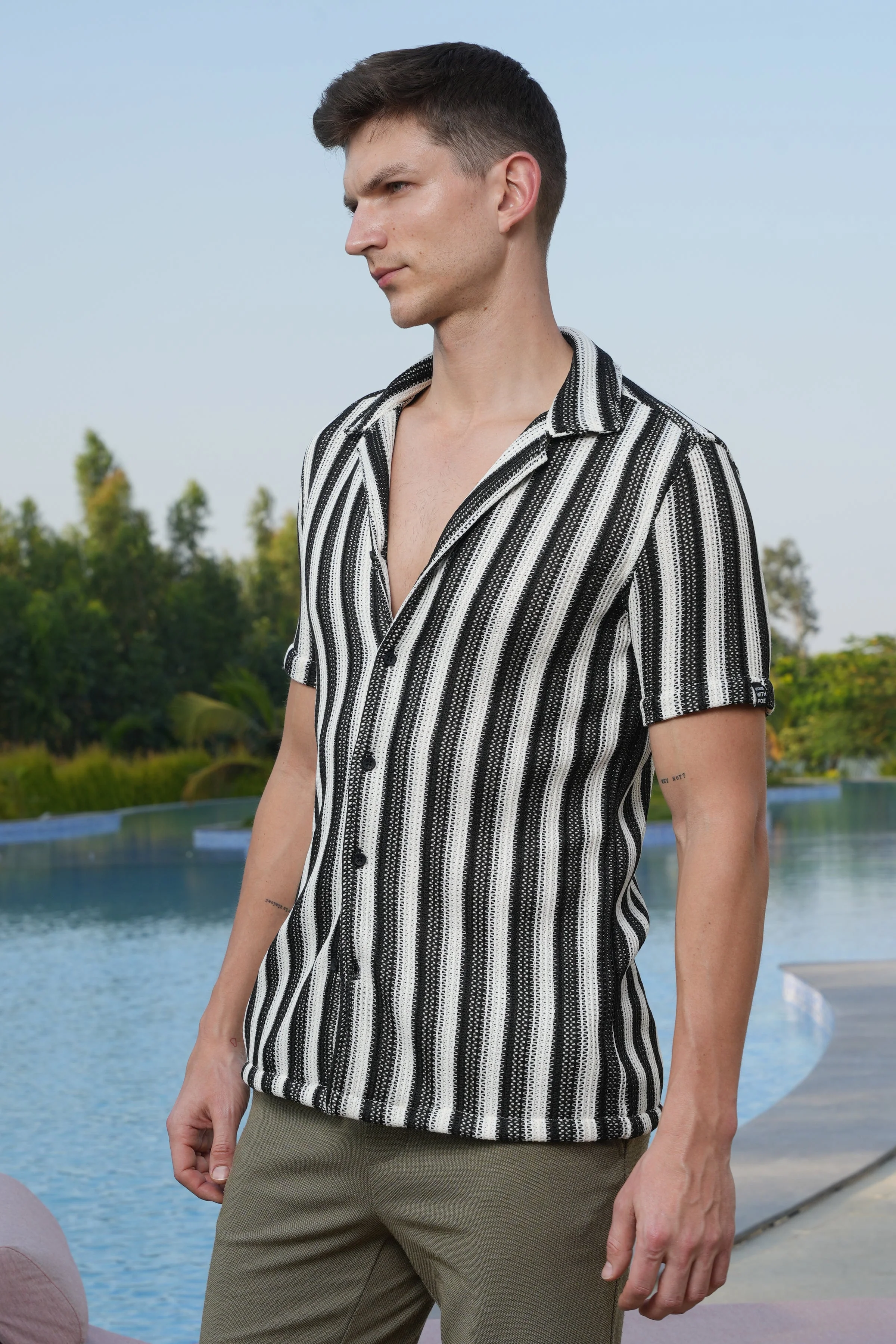 Men Allura Striped Crochet Shirt Black - Image 4