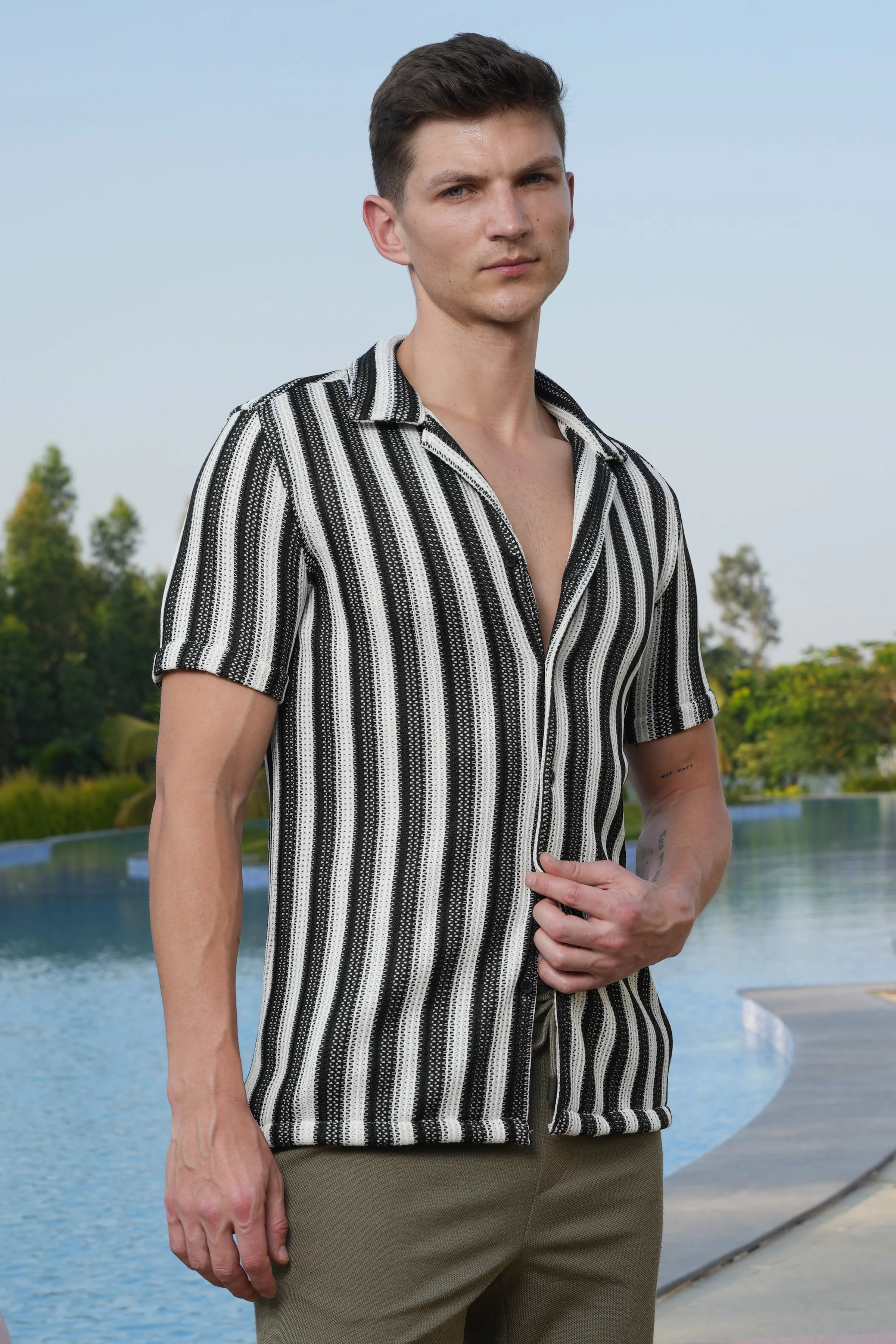Men Allura Striped Crochet Shirt Black - Image 5