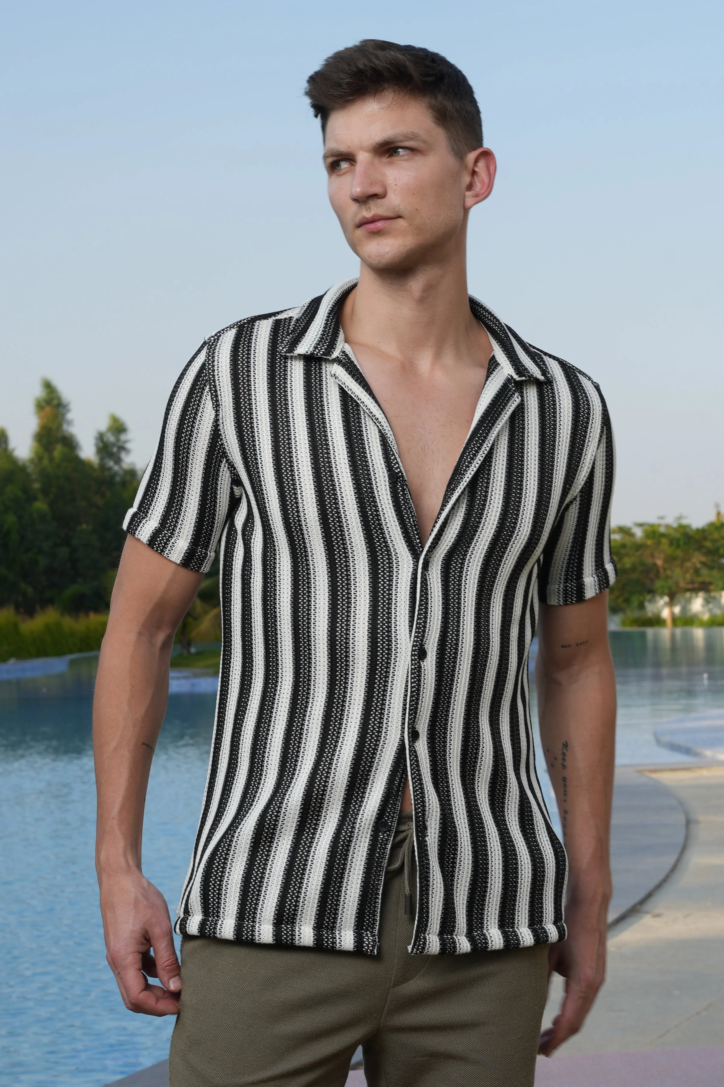 Men Allura Striped Crochet Shirt Black - Image 7