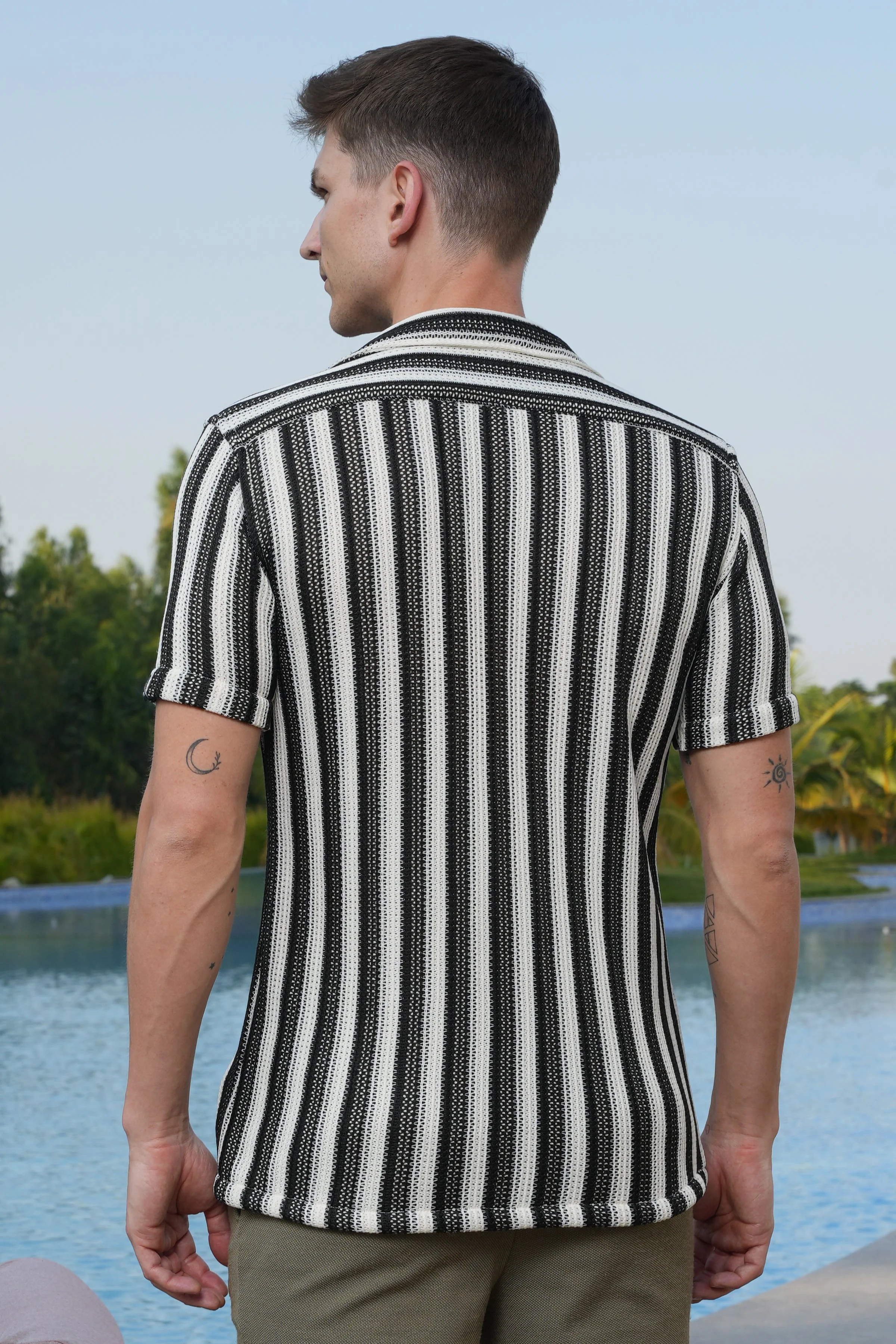 Men Allura Striped Crochet Shirt Black - Image 8