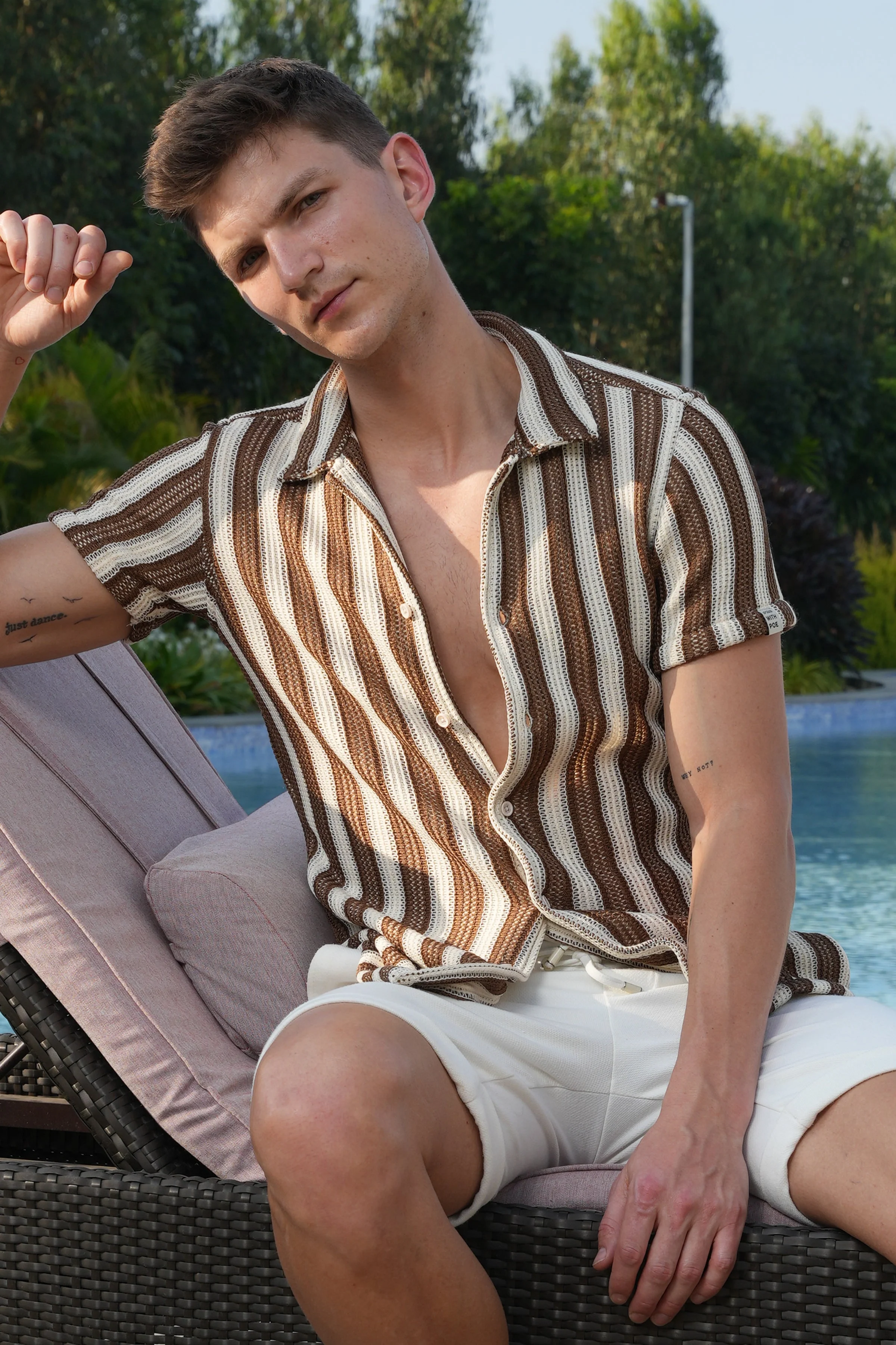 Men Allura Striped Crochet Shirt Brown - Image 2