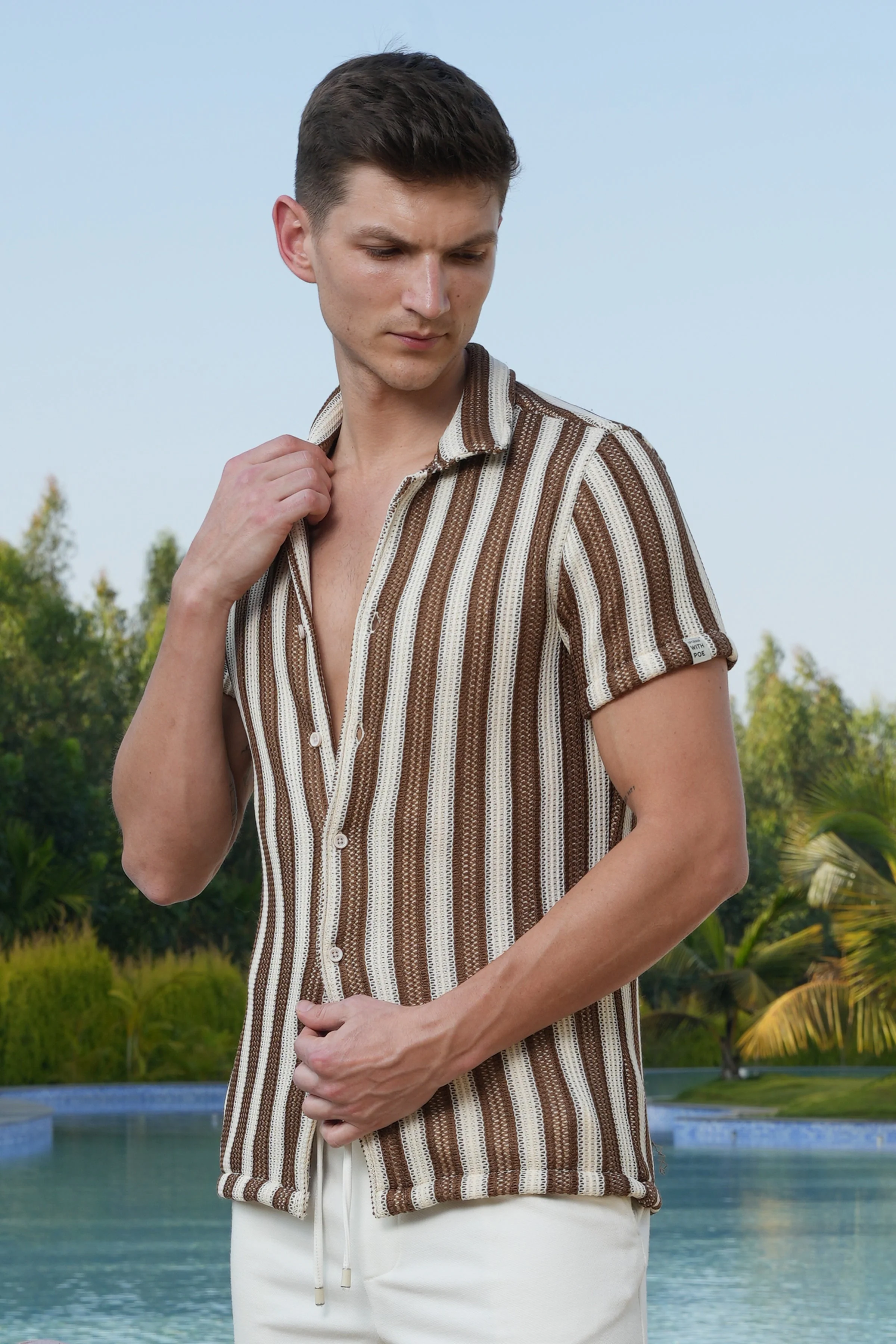 Men Allura Striped Crochet Shirt Brown - Image 5
