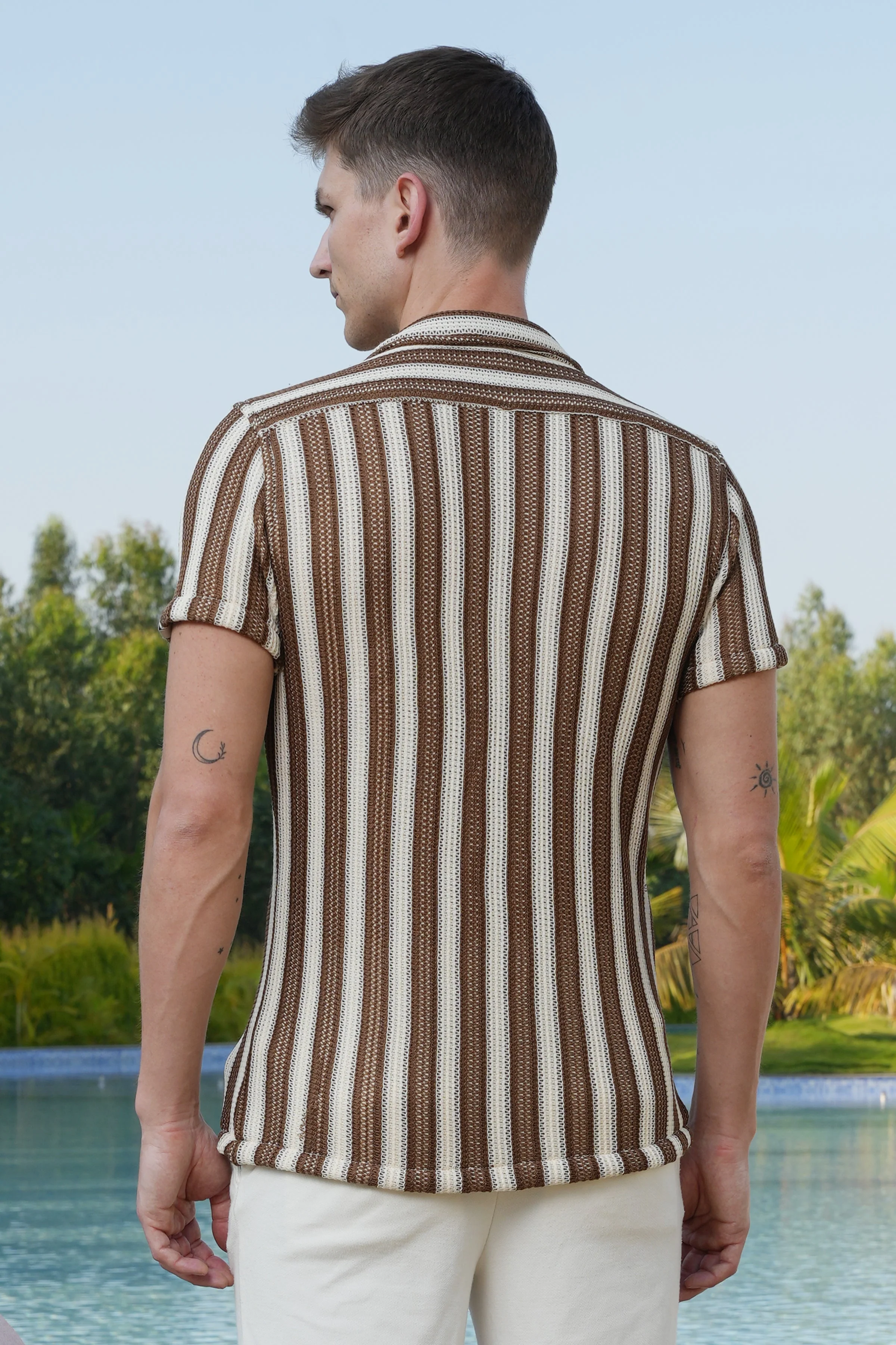 Men Allura Striped Crochet Shirt Brown - Image 7