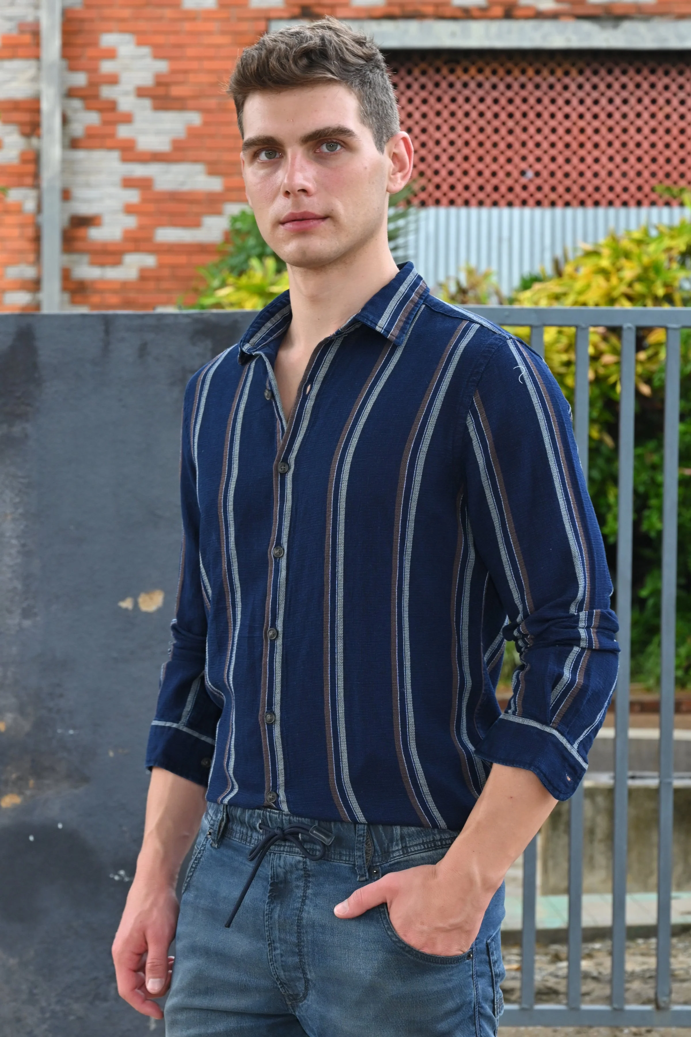 Men Amora Indigo Dobby Striped Shirt Brown - Image 2